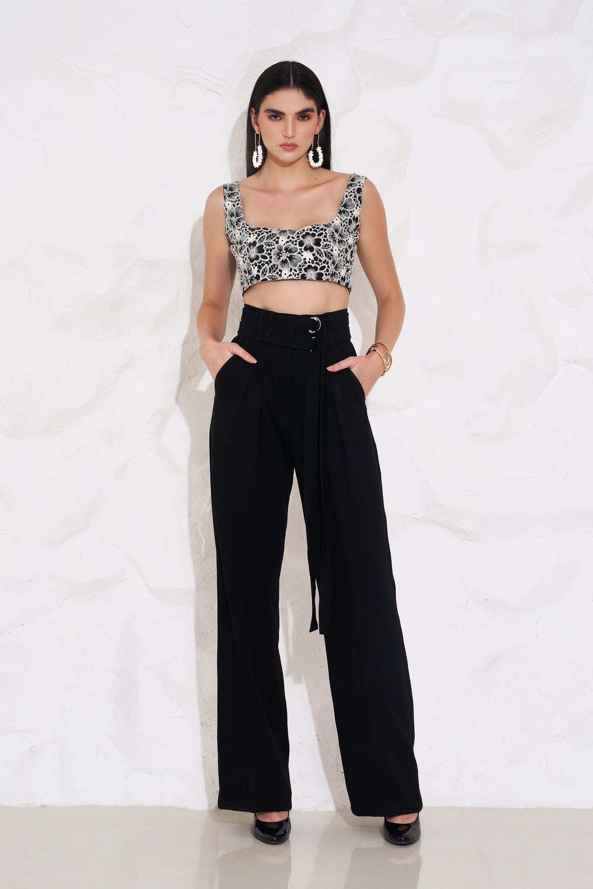 Black and White Floral Cutwork Crop Top and Trouser Co-ord