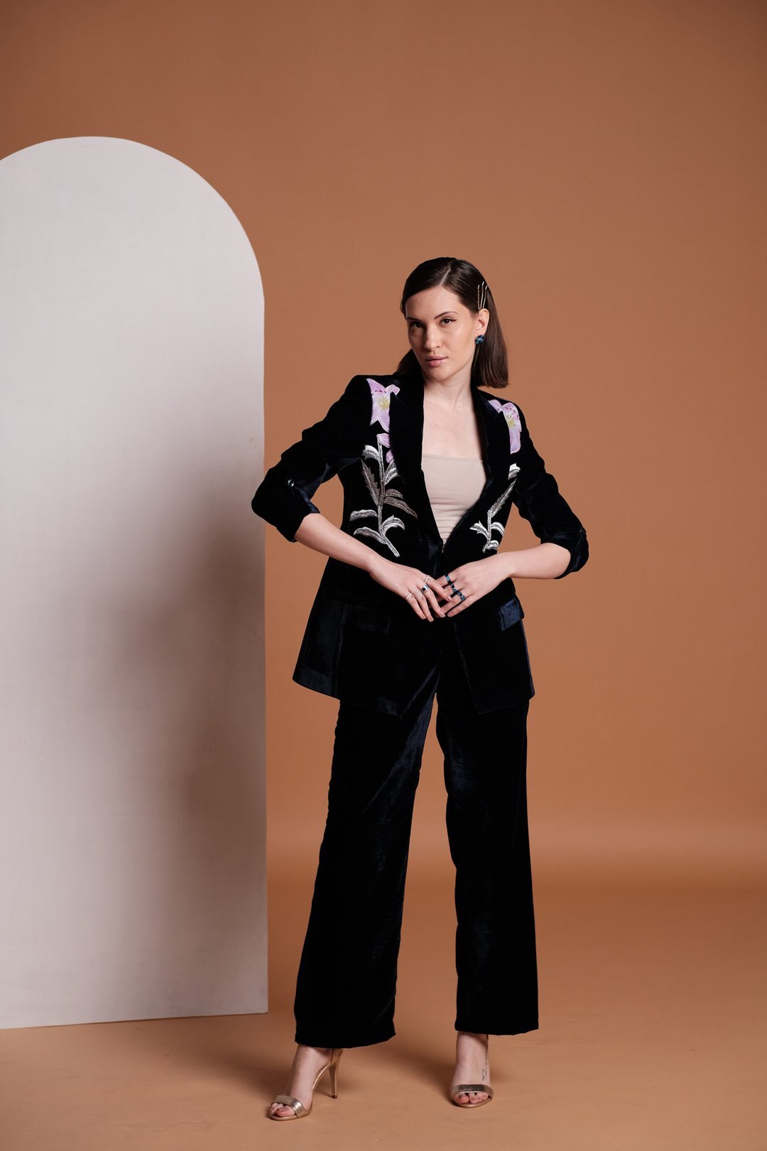 Navy Stretch Velvet Blazer and Trouser Co-ord Set