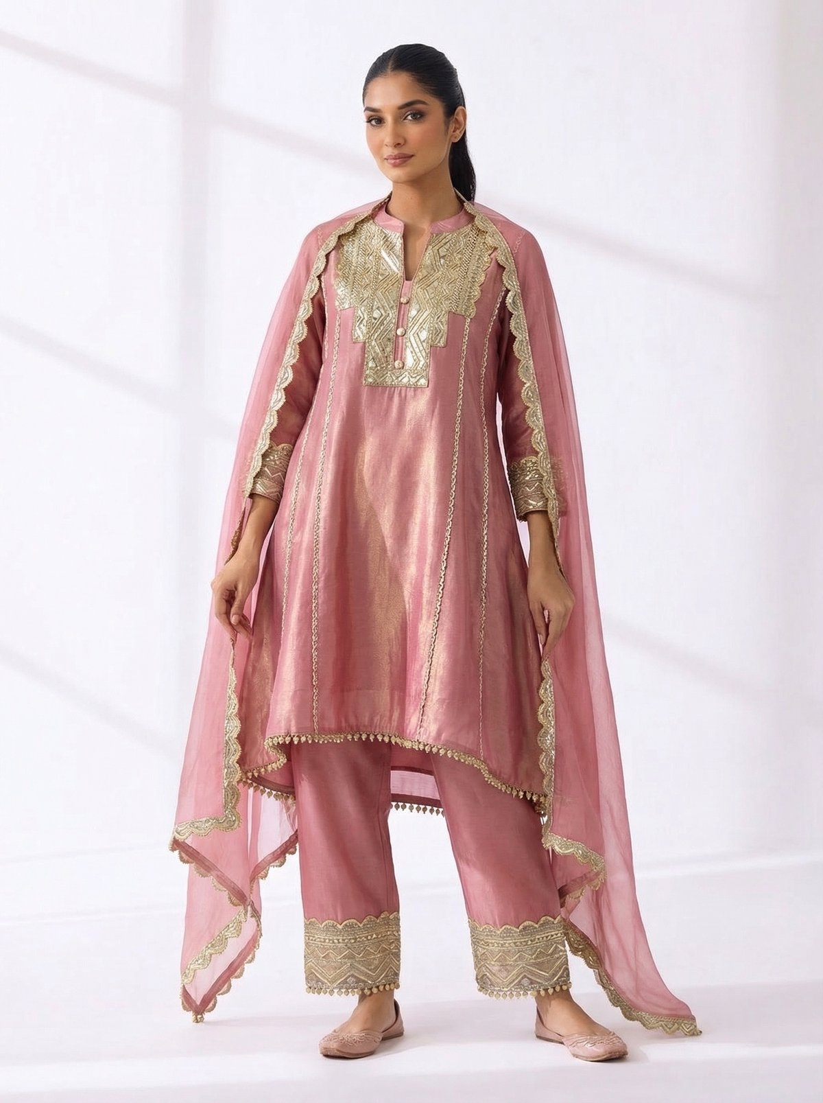 Dusty Pink Chanderi Zari Yoke Kurta Set with Dupatta