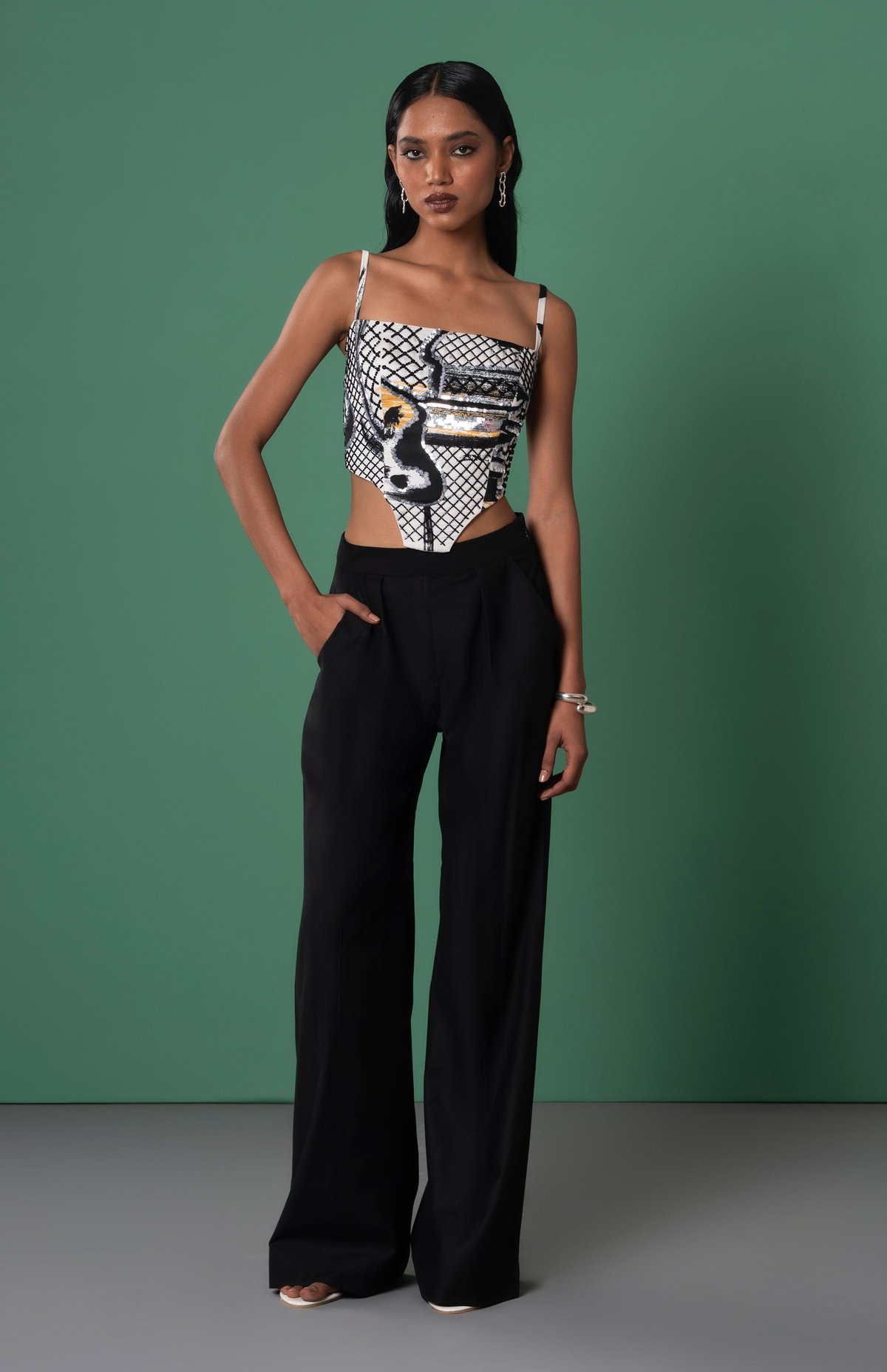 Black and White Embroidered Corset Top