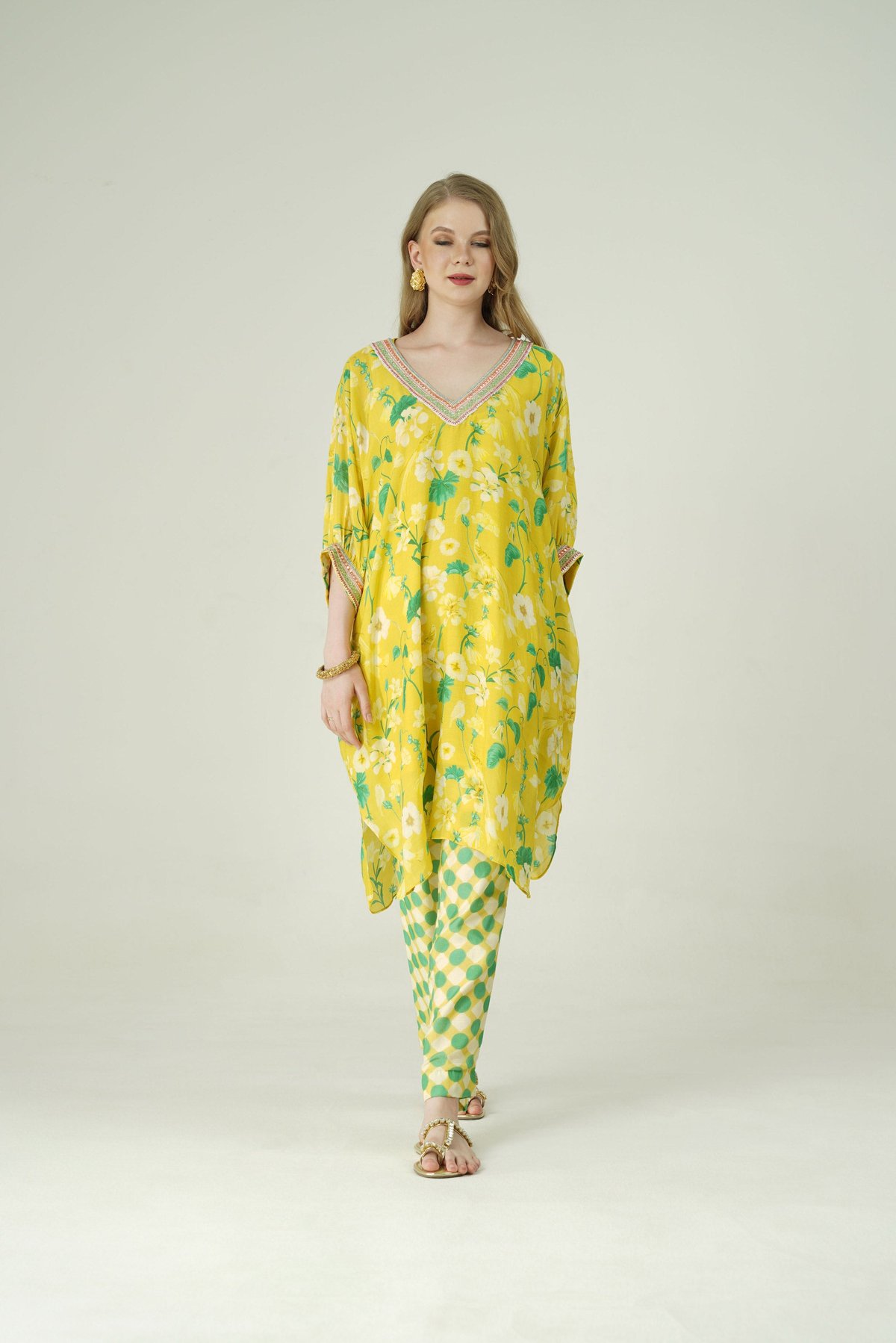 Yellow Floral Kaftan and Geometric Pant Co-ord Set