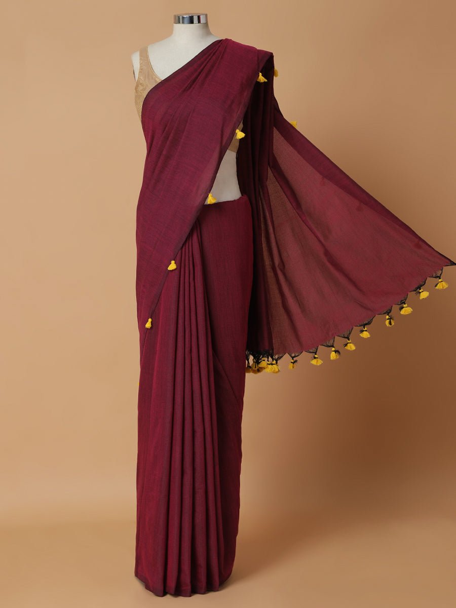 Deep Maroon Cotton Saree Tassels Rozaana