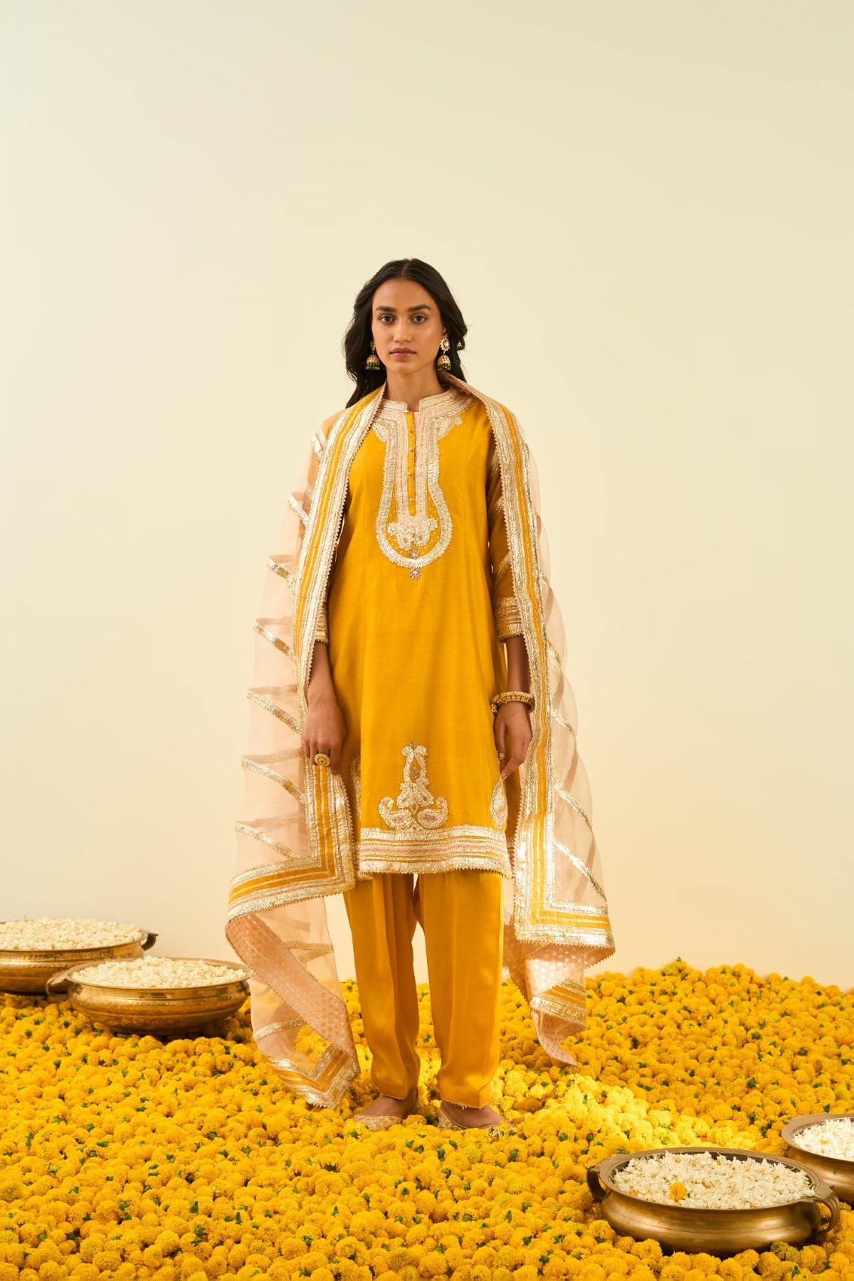 Mustard Princess-Cut Kurta Set with Salwar and Dupatta