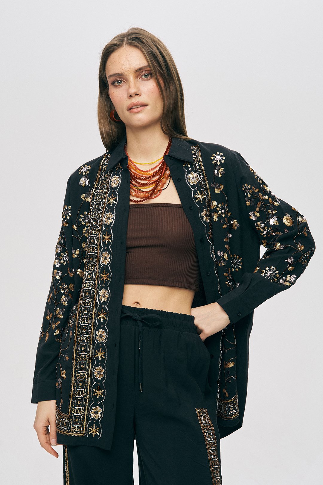 Black Embroidered Longline Button-Down Shirt