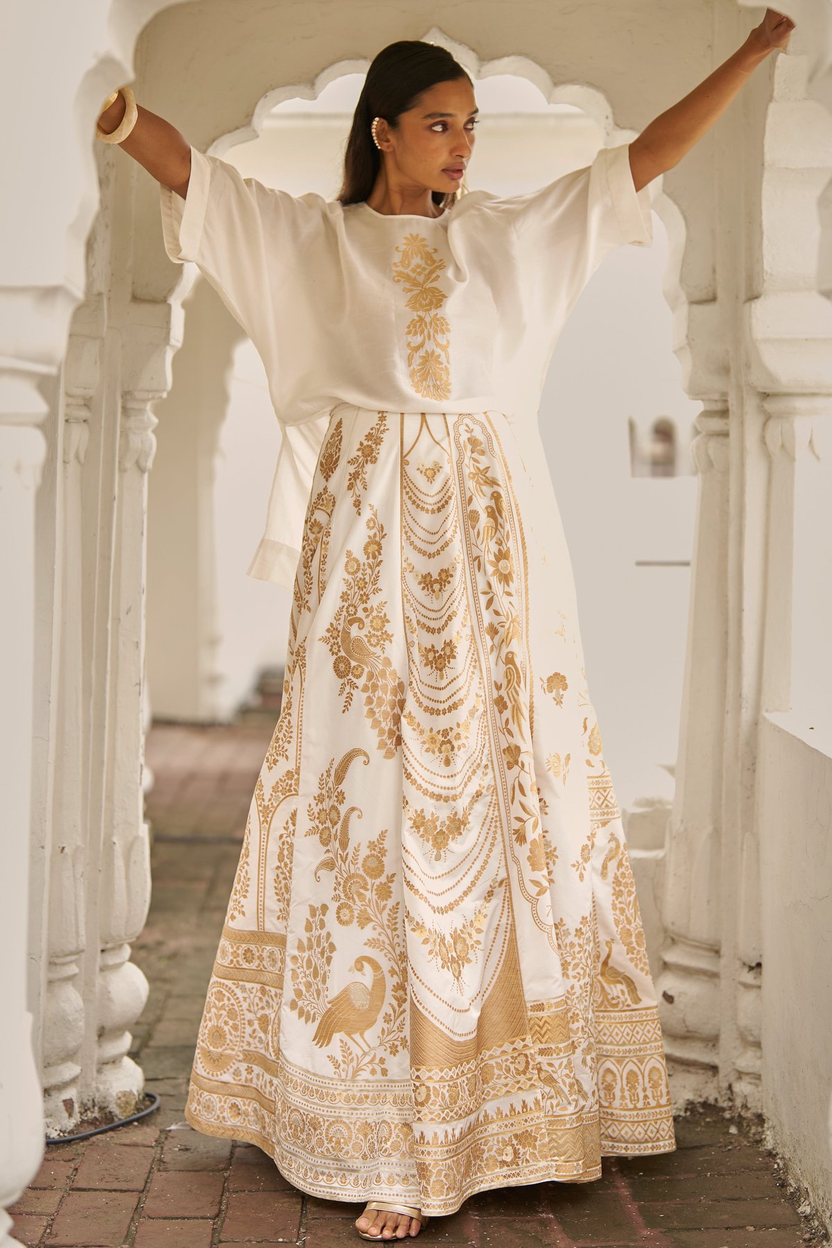 Ivory/Gold Benares Silk Brocade Panelled Maxi Skirt