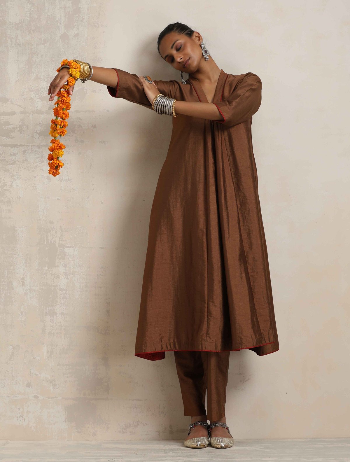 Brown Silk Blend A-Line Kurta Set with Pants