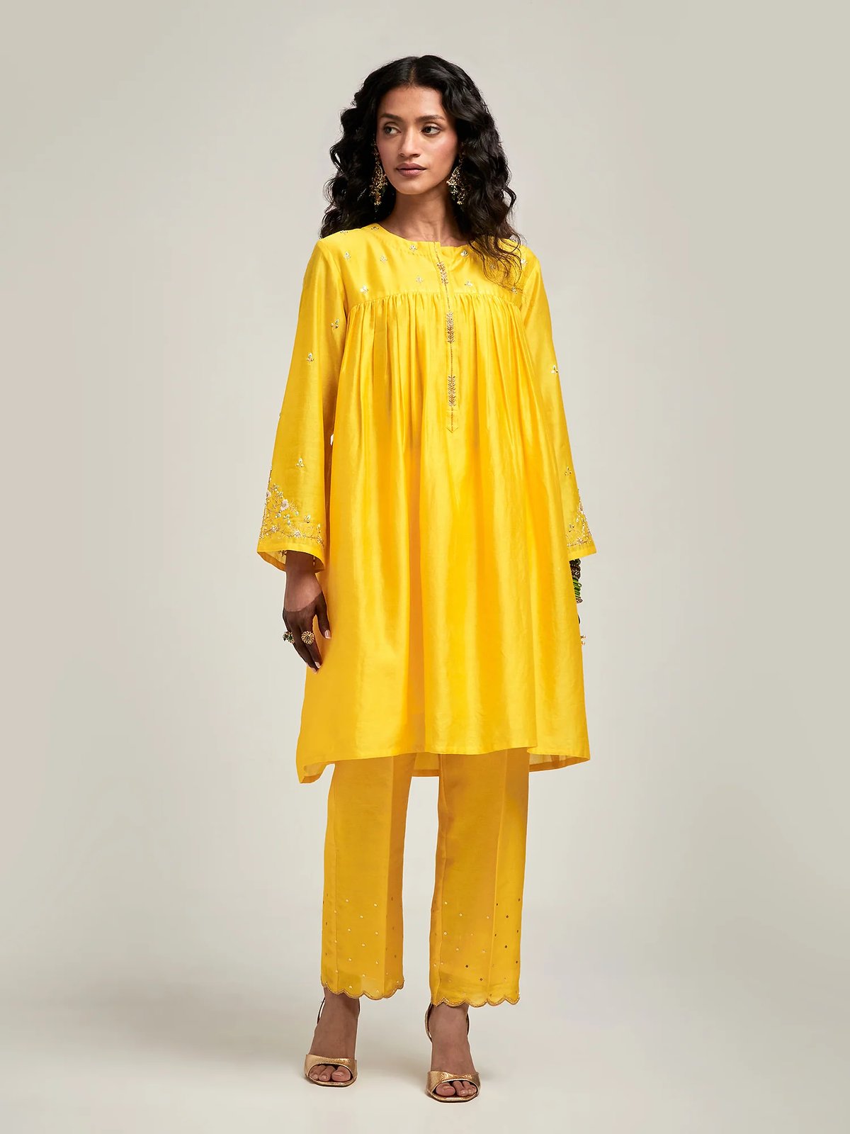 Yellow Silk Chanderi Embroidered Yoke Kurta Set