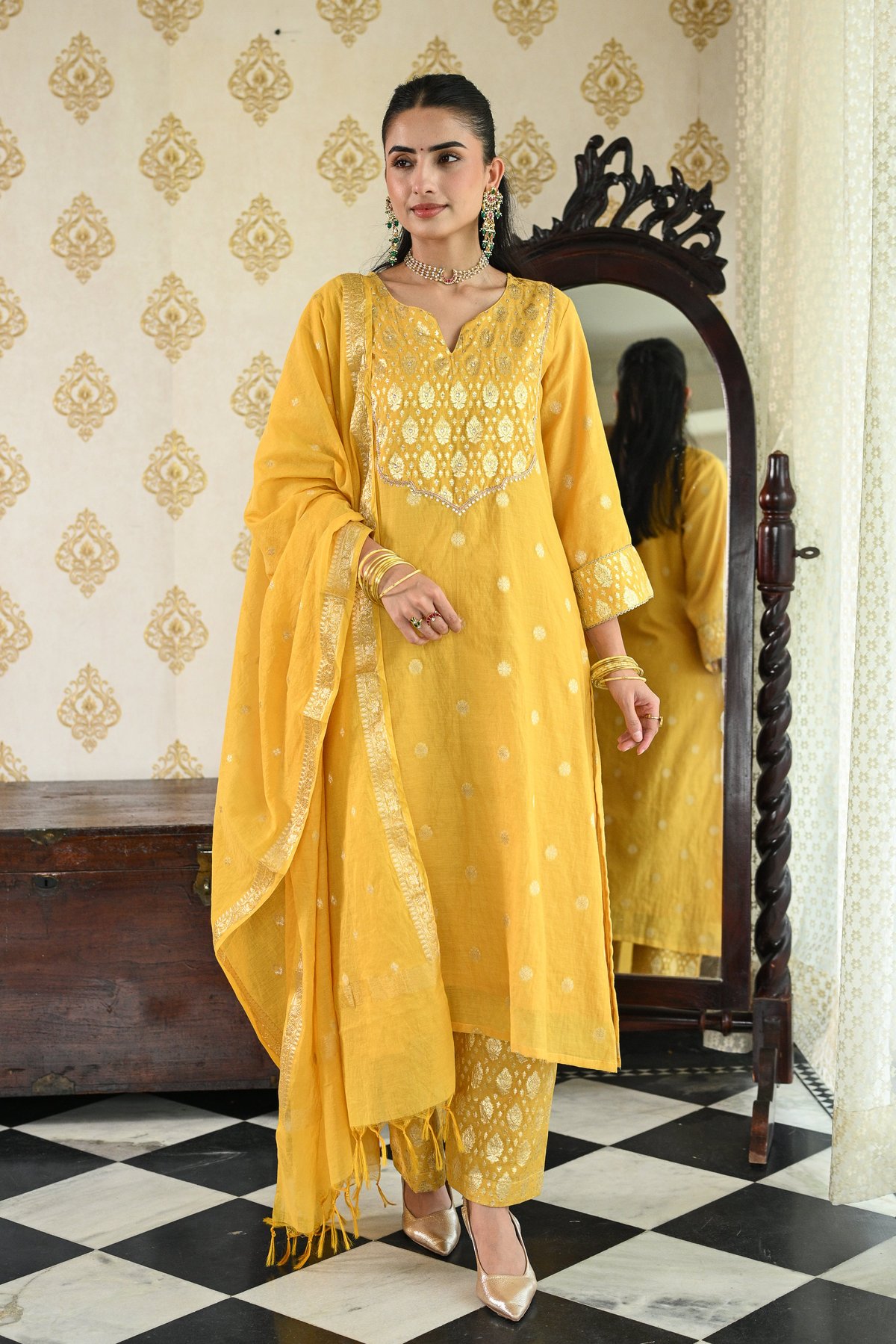 Yellow Banarsi Mul Chanderi Suit Set-SET OF-3