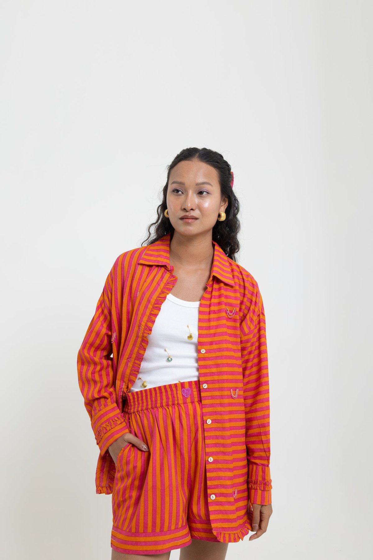 Orange and Pink Striped Button-Up Shirt with Ruffle Trim