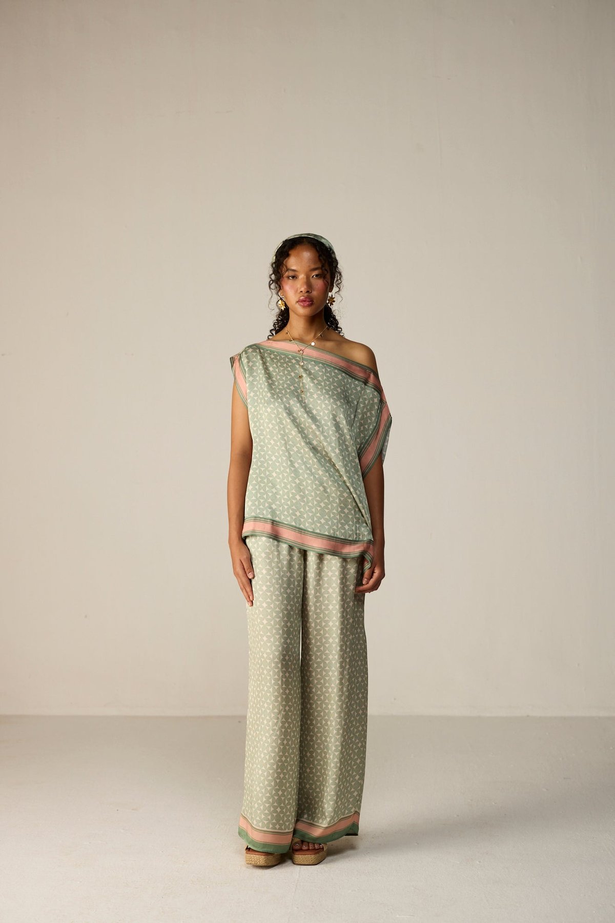 Orbit Sage Geometric Wide-Leg Trousers