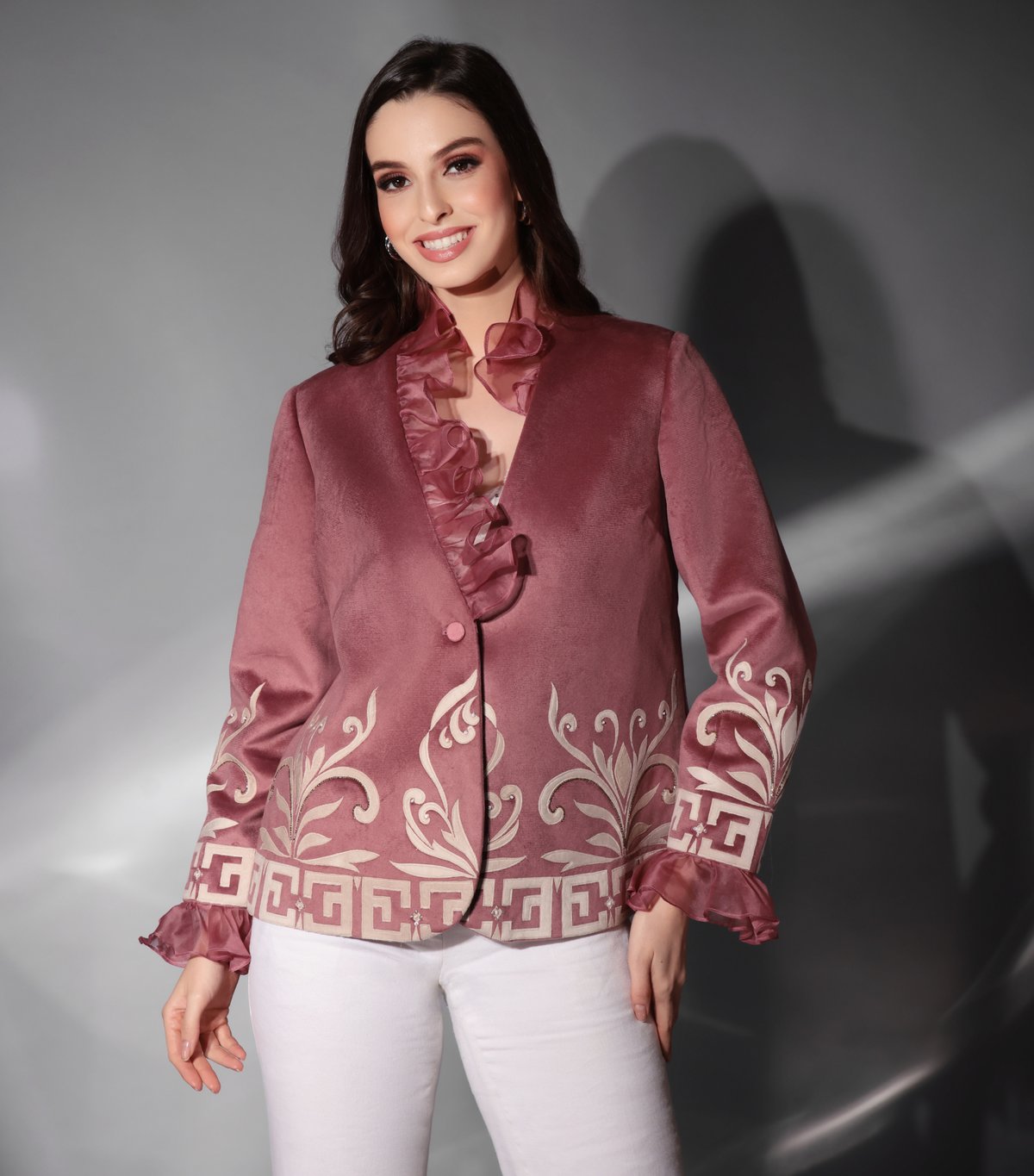 Powder Pink Velvet Ruffle-Collar Embroidered Blazer