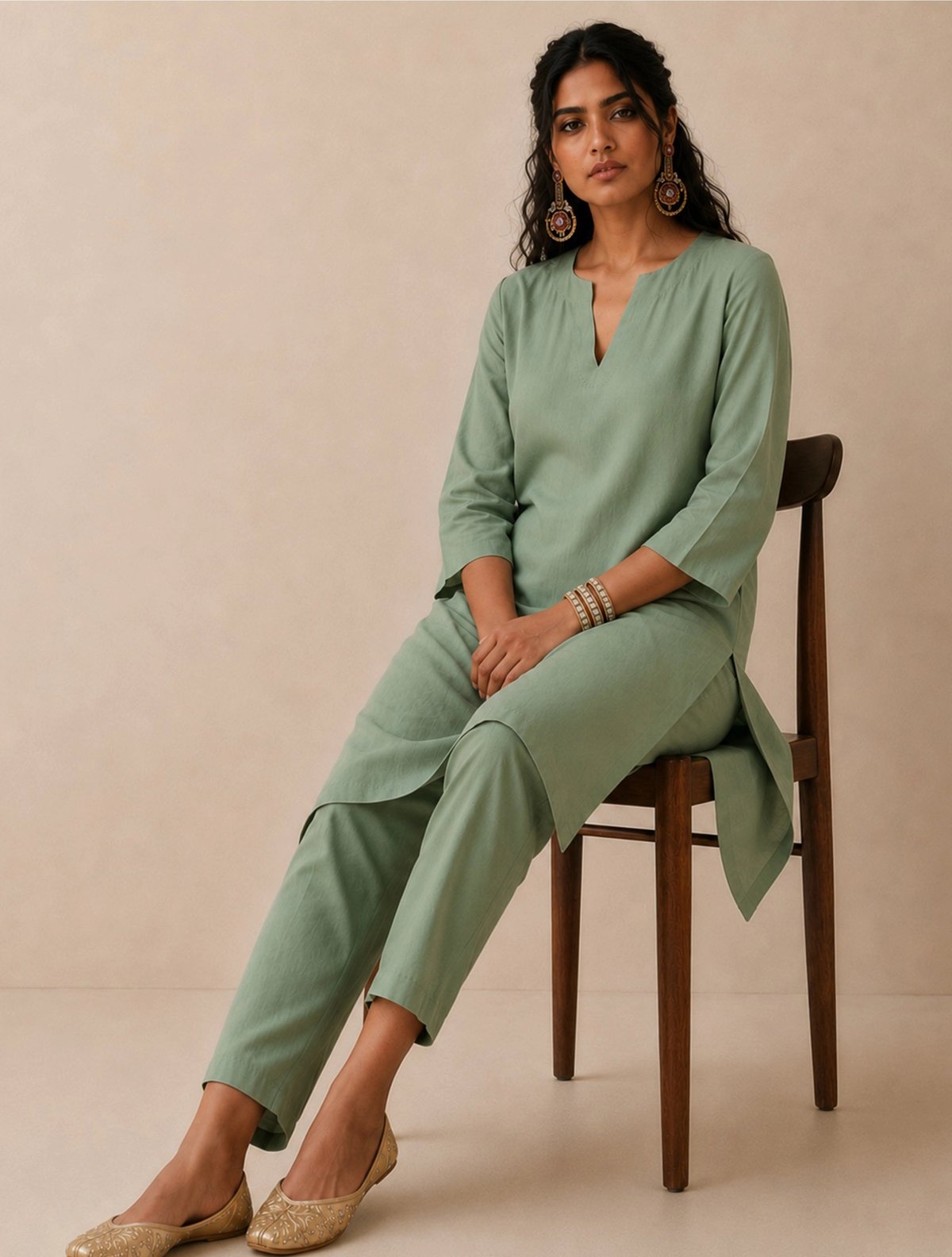 Green Solid Viscose Kurta Co-ord Set