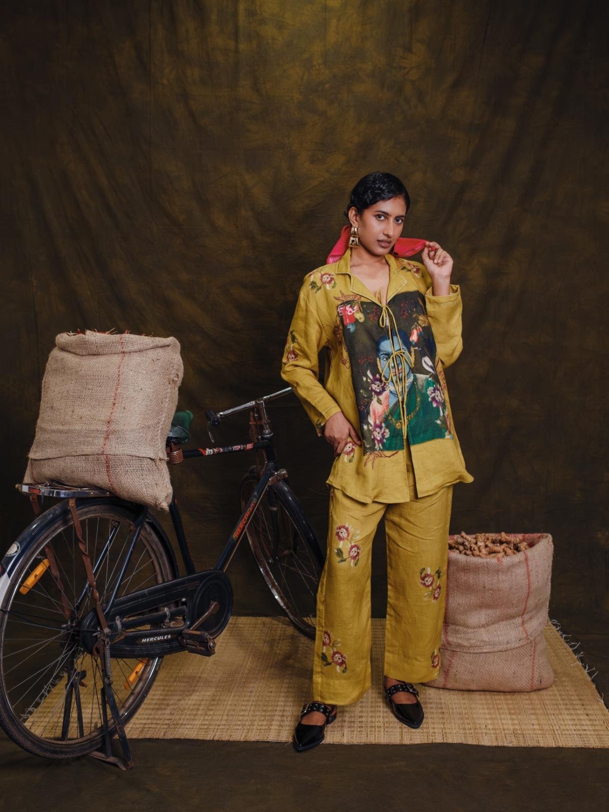 Mustard Printed Linen Front-Tie Shirt Top