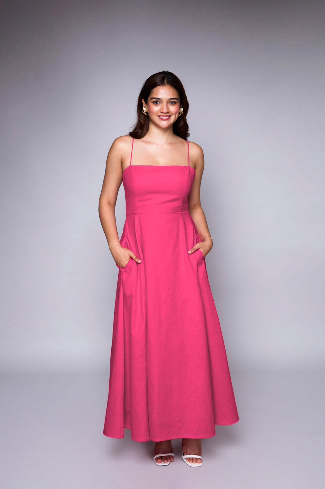 Pink Square Neck Fit and Flare Midi Dress