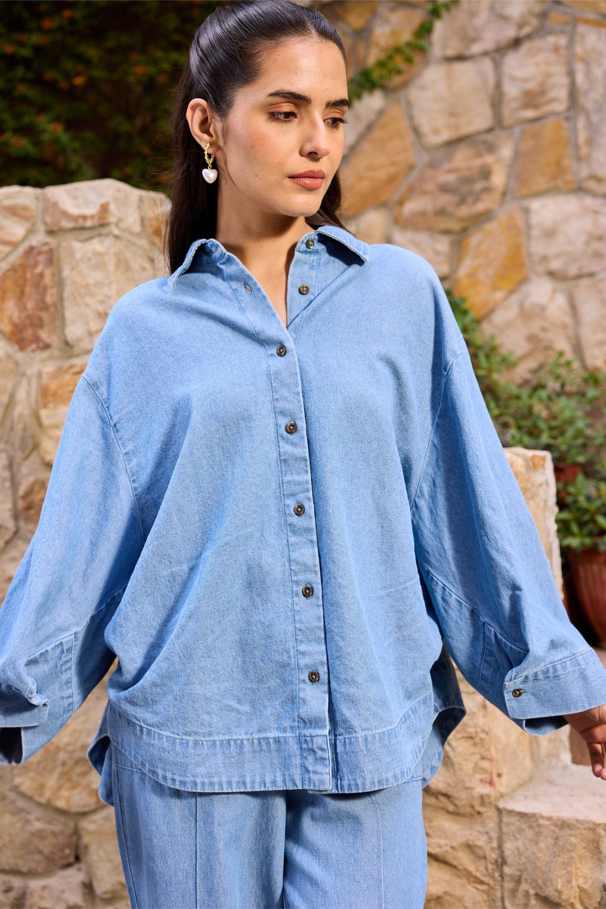 Light Wash Oversized Denim Shirt with Button-Down Front