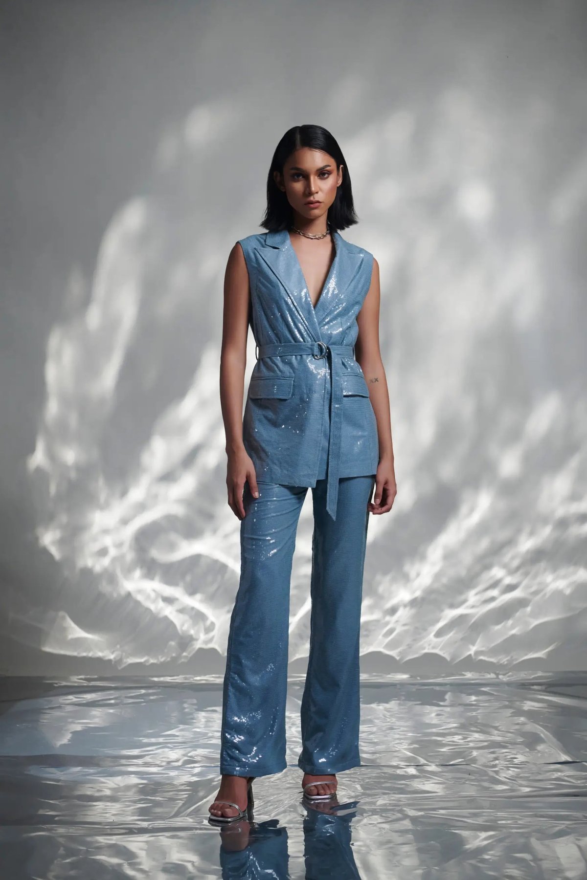 Belle Blue Sequin Sleeveless Blazer and Pants Co-ord Set