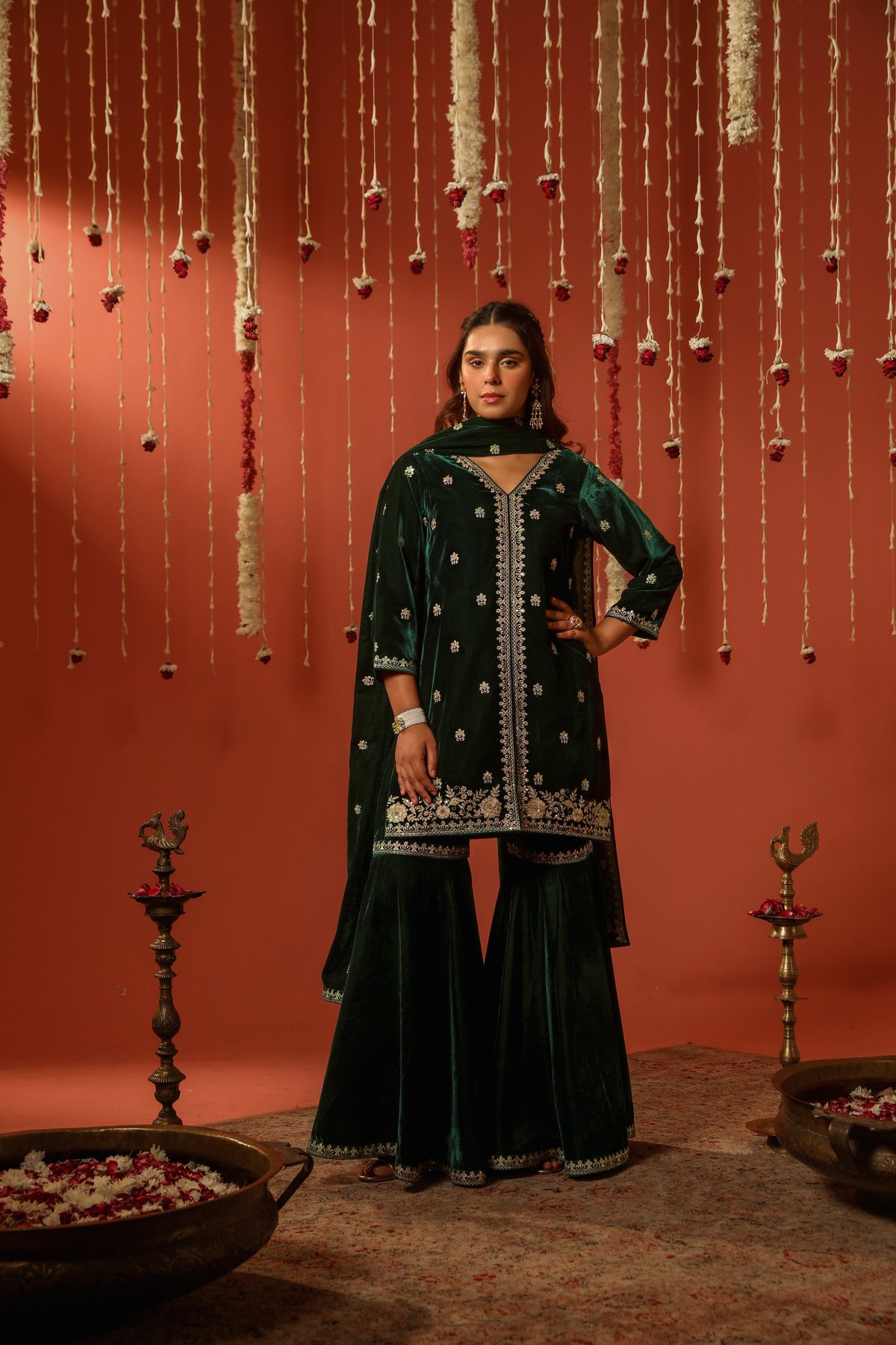 Green Velvet Kurta Sharara Set with Zari and Sequins