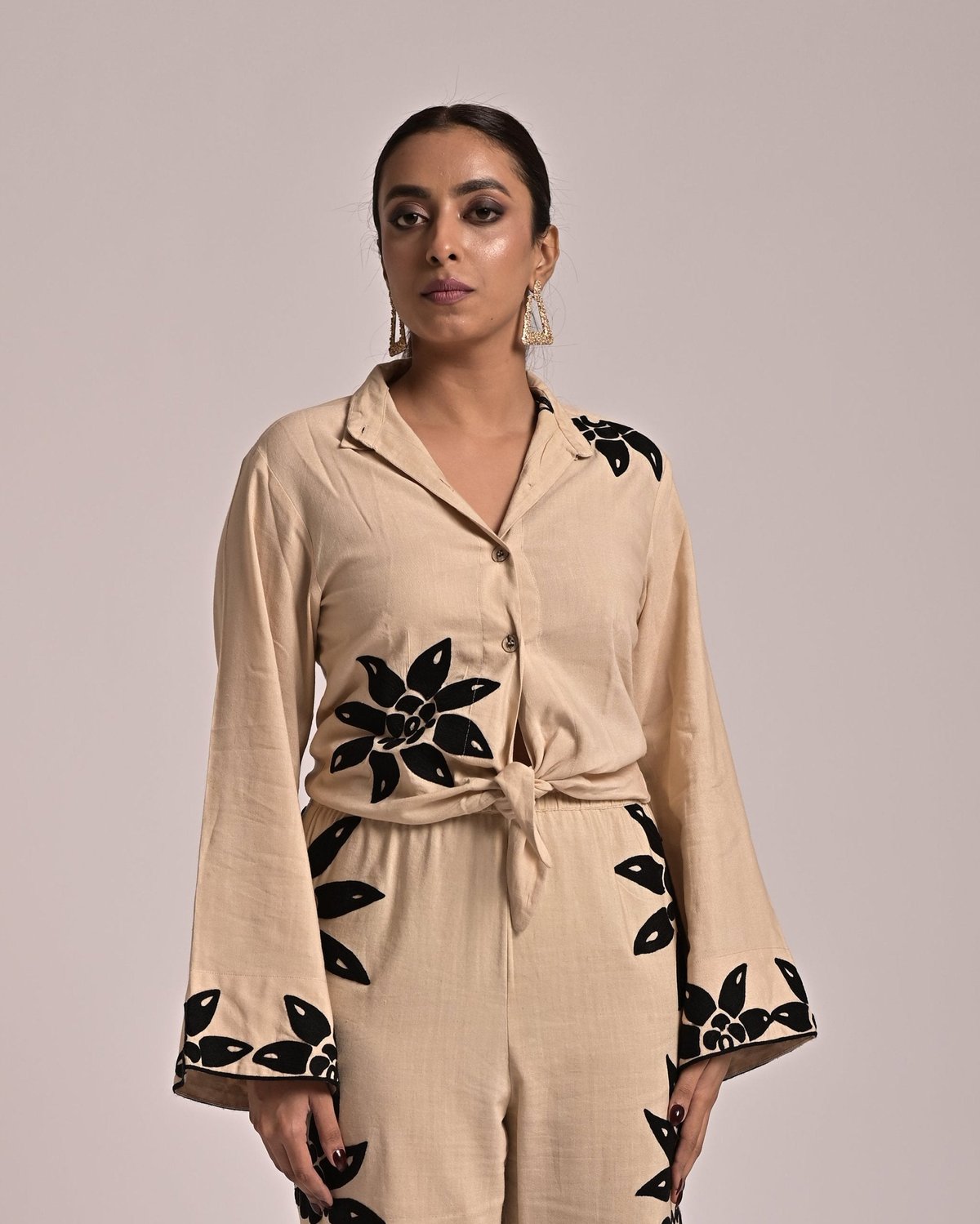 Cream Collared Button-Down Shirt with Black Motif Print
