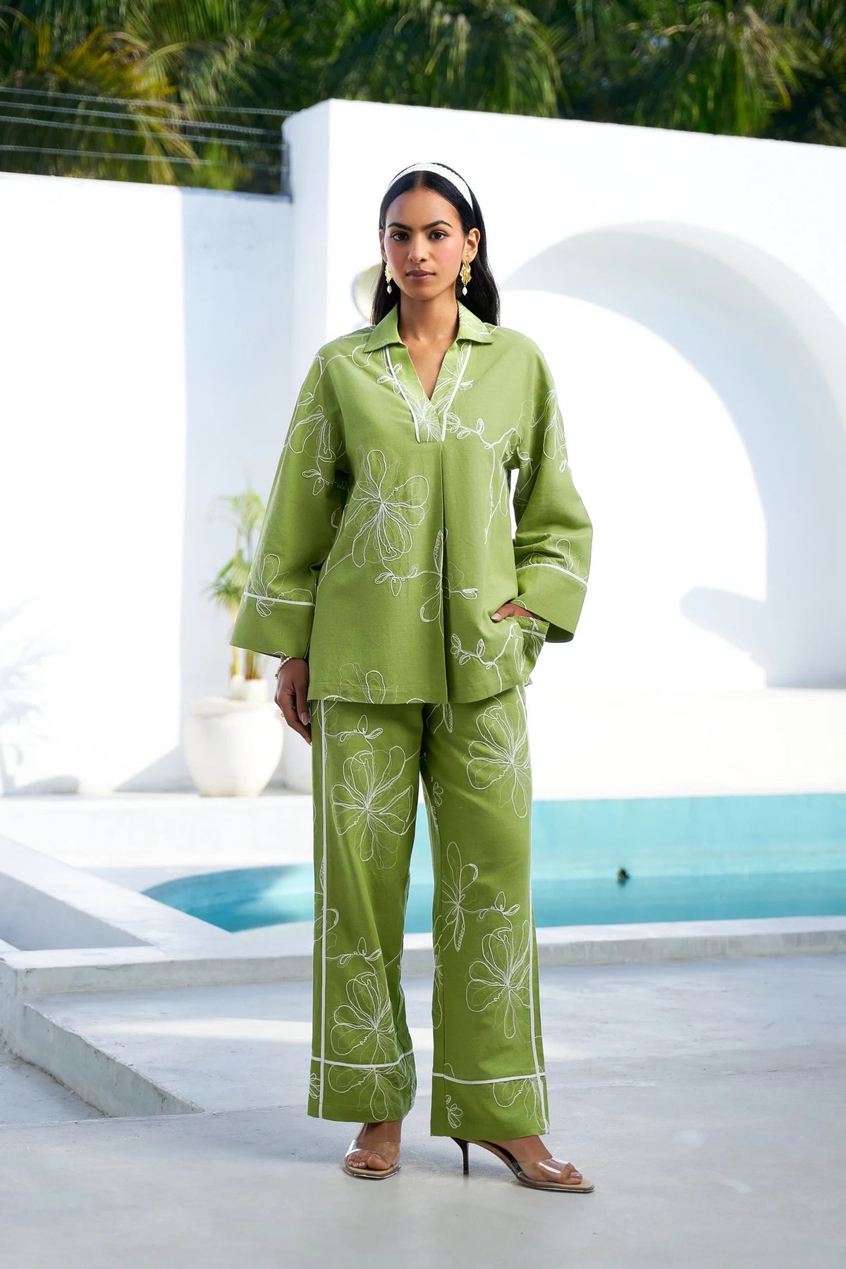 Green Linen-Cotton Floral Printed Co-ord Set