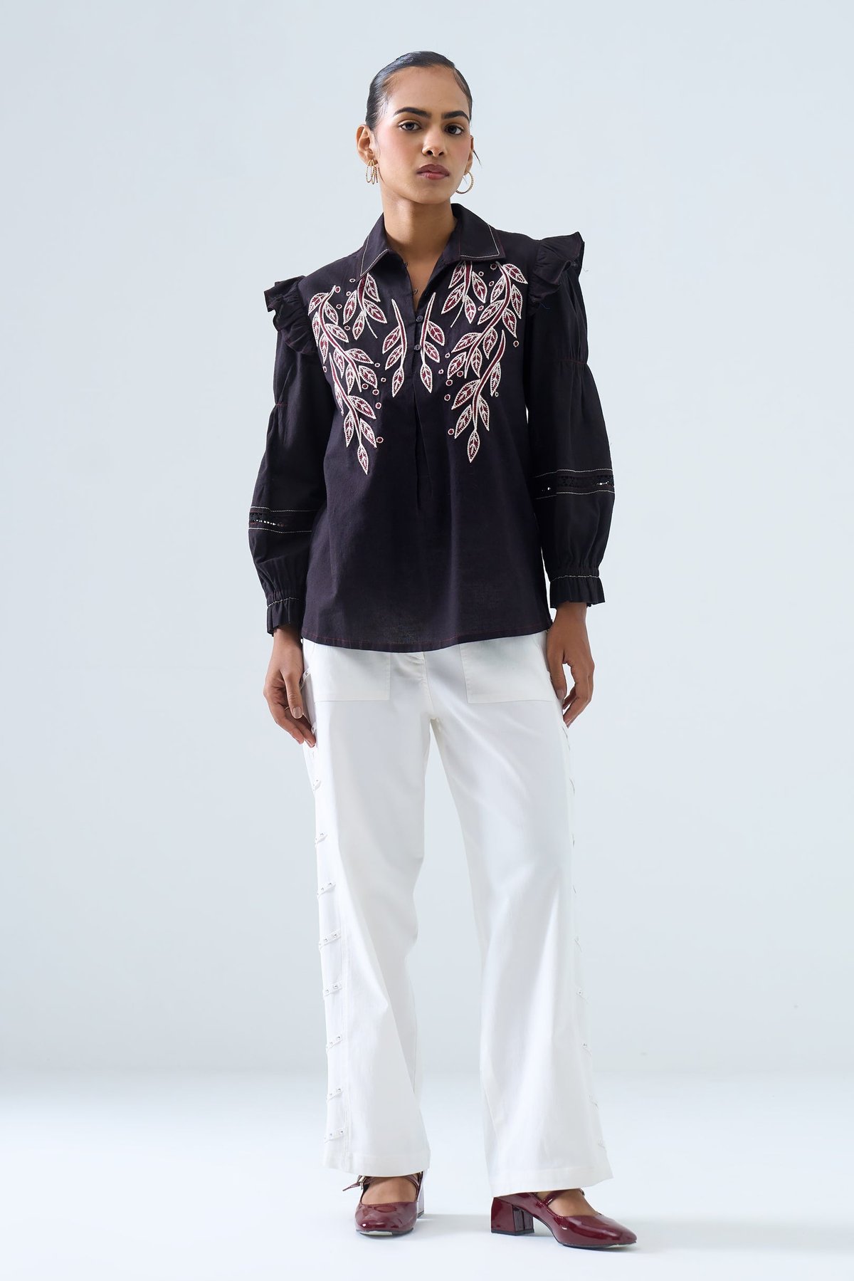 Black Embroidered Ruffle-Shoulder Cotton Flex Shirt