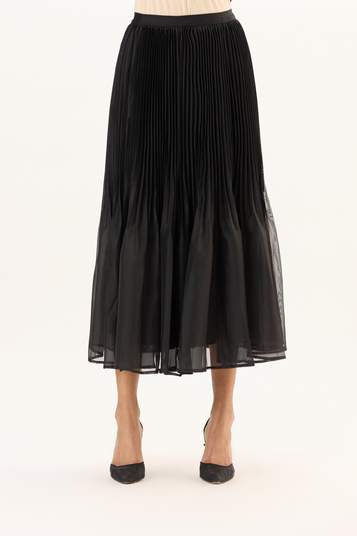 Black Pleated Organza Midi Skirt