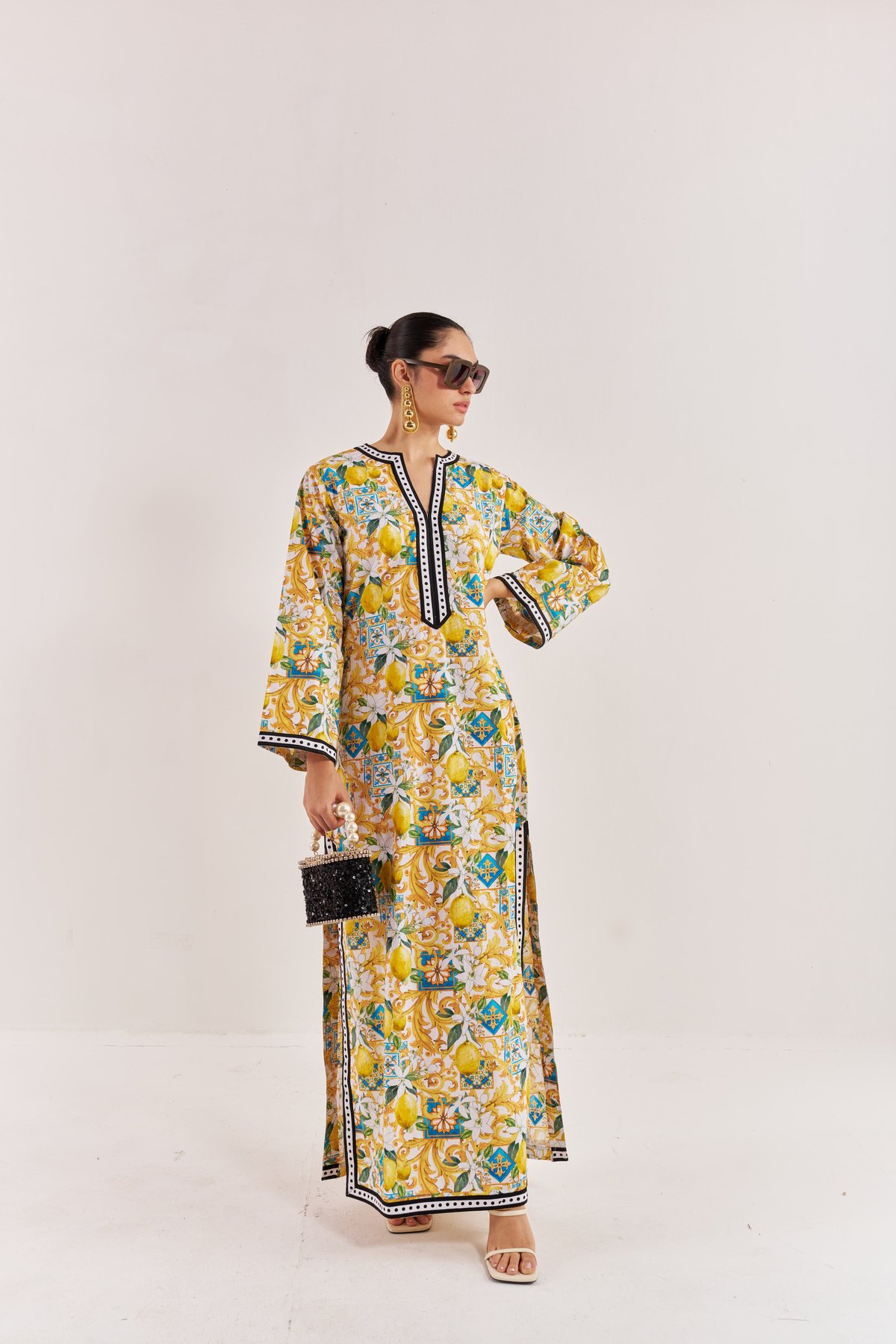 White/Yellow Lemon Print Cotton Poplin Maxi Kaftan