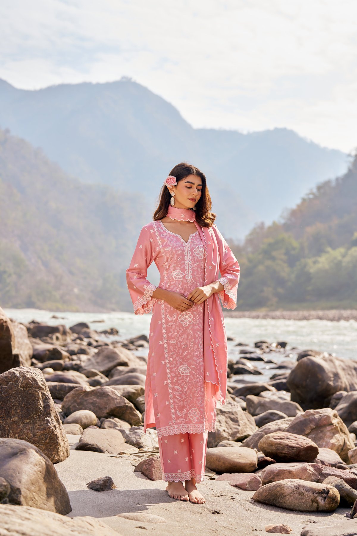 Pink Cotton Embroidered Straight Kurta Set with Dupatta
