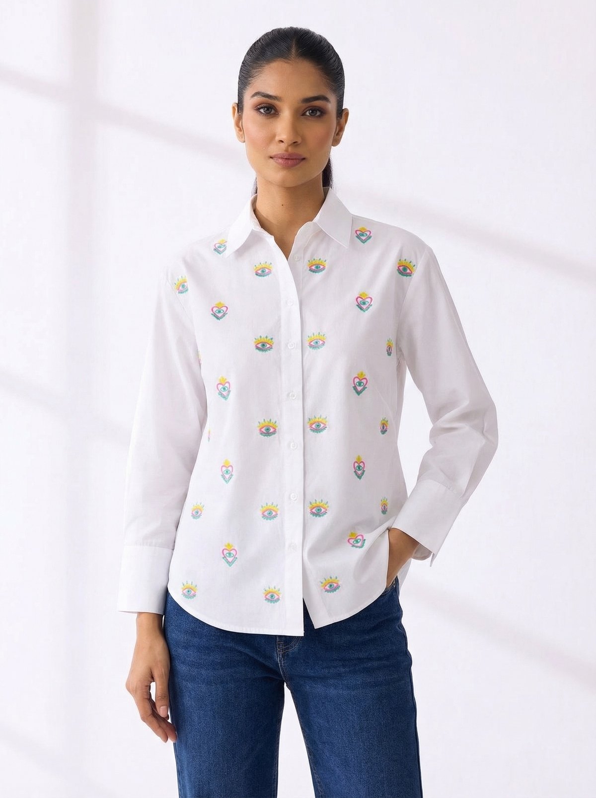 White Cotton Evil Eye Embroidered Comfort-Fit Shirt