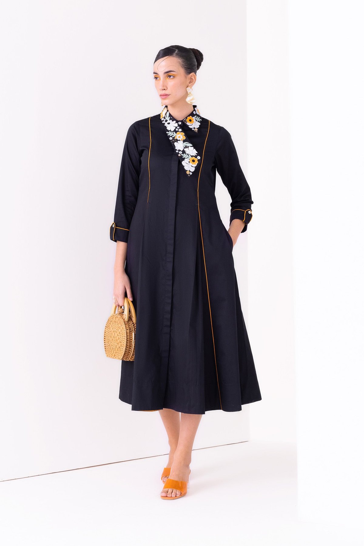 Black Cotton Satin Fit and Flare Midi Shirt Dress