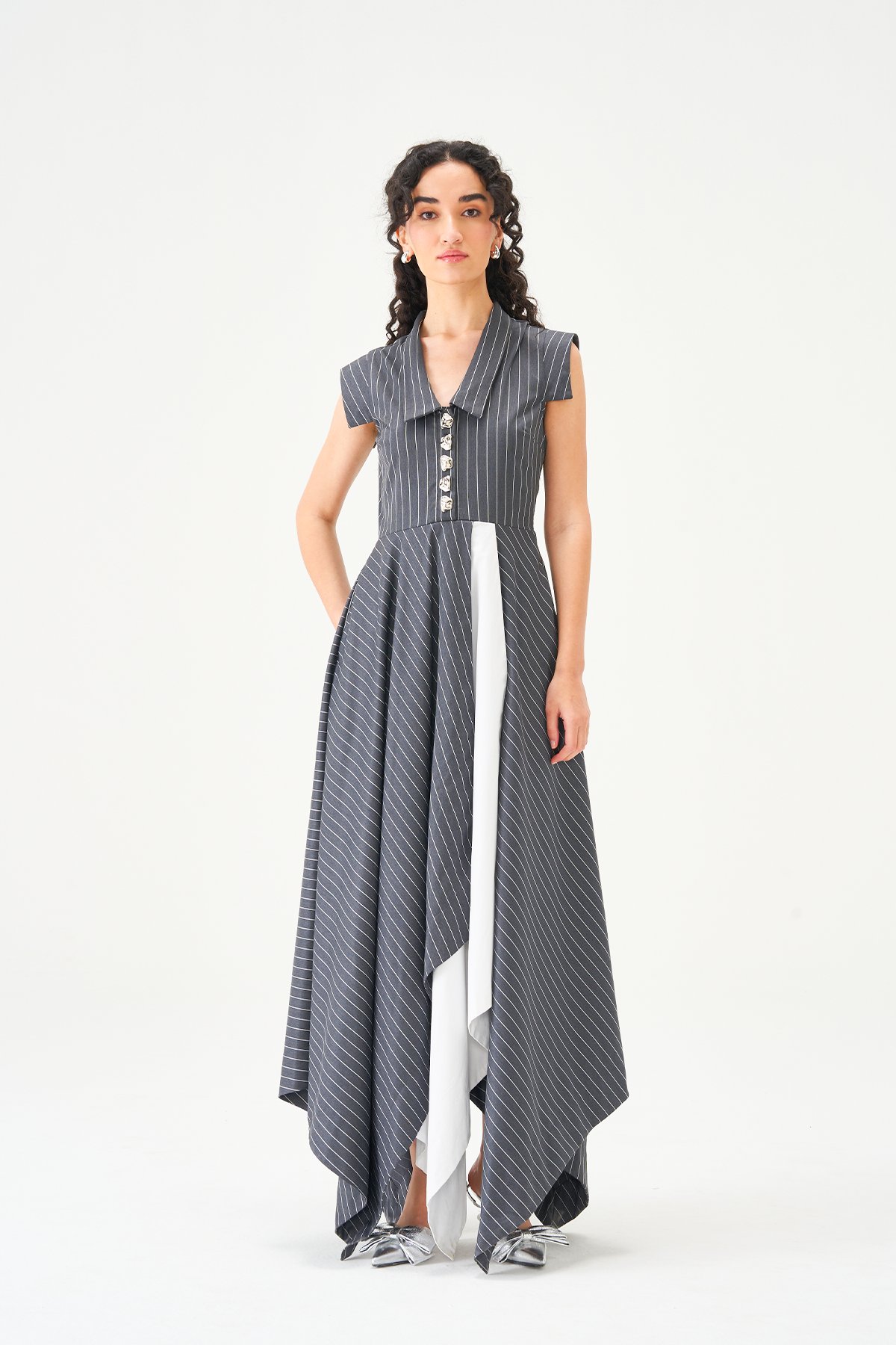 Grey Pinstripe Asymmetrical Maxi Dress with White Insert