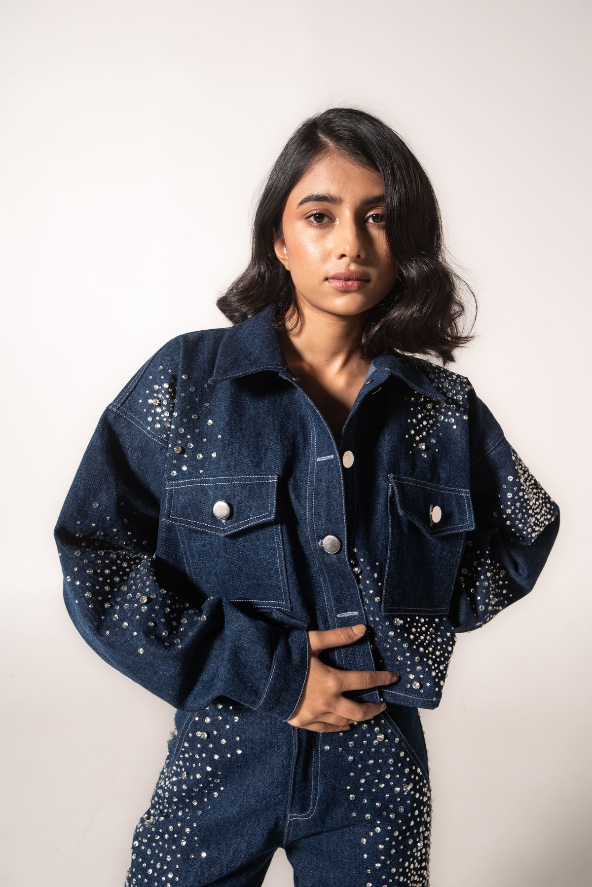 Navy Embellished Cropped Denim Jacket