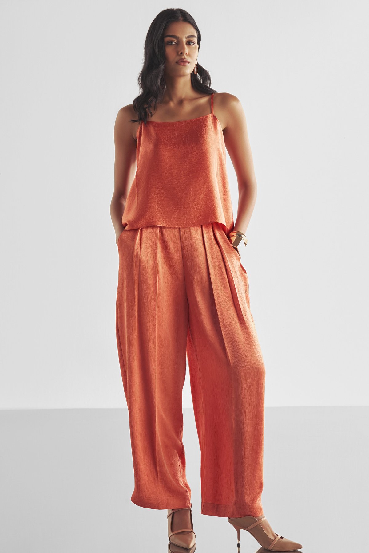 Back Knot Draped Textured Top & Box Pleated Satin Pant