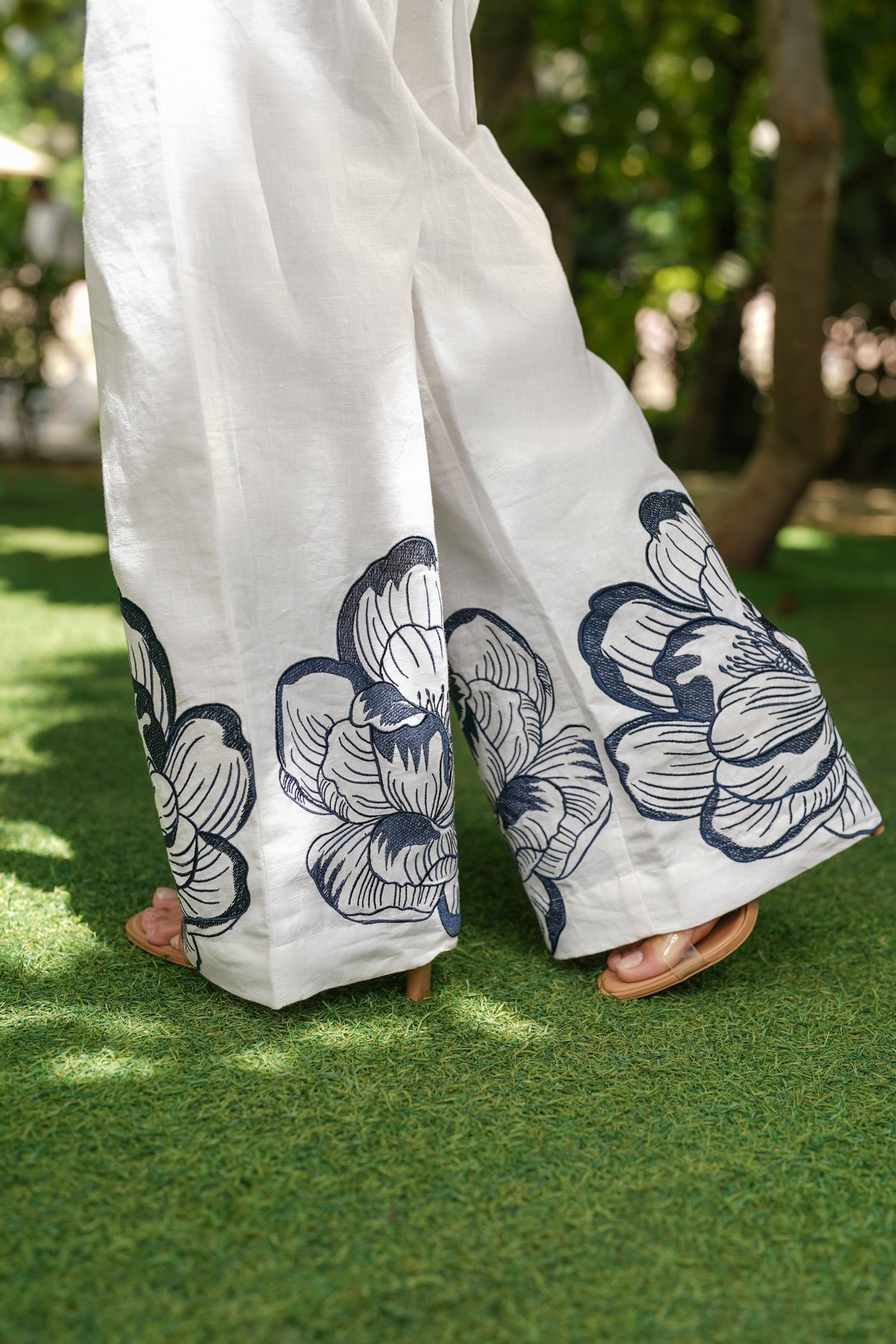 Ivory High-Rise Straight-Leg Trousers with Hem Embroidery