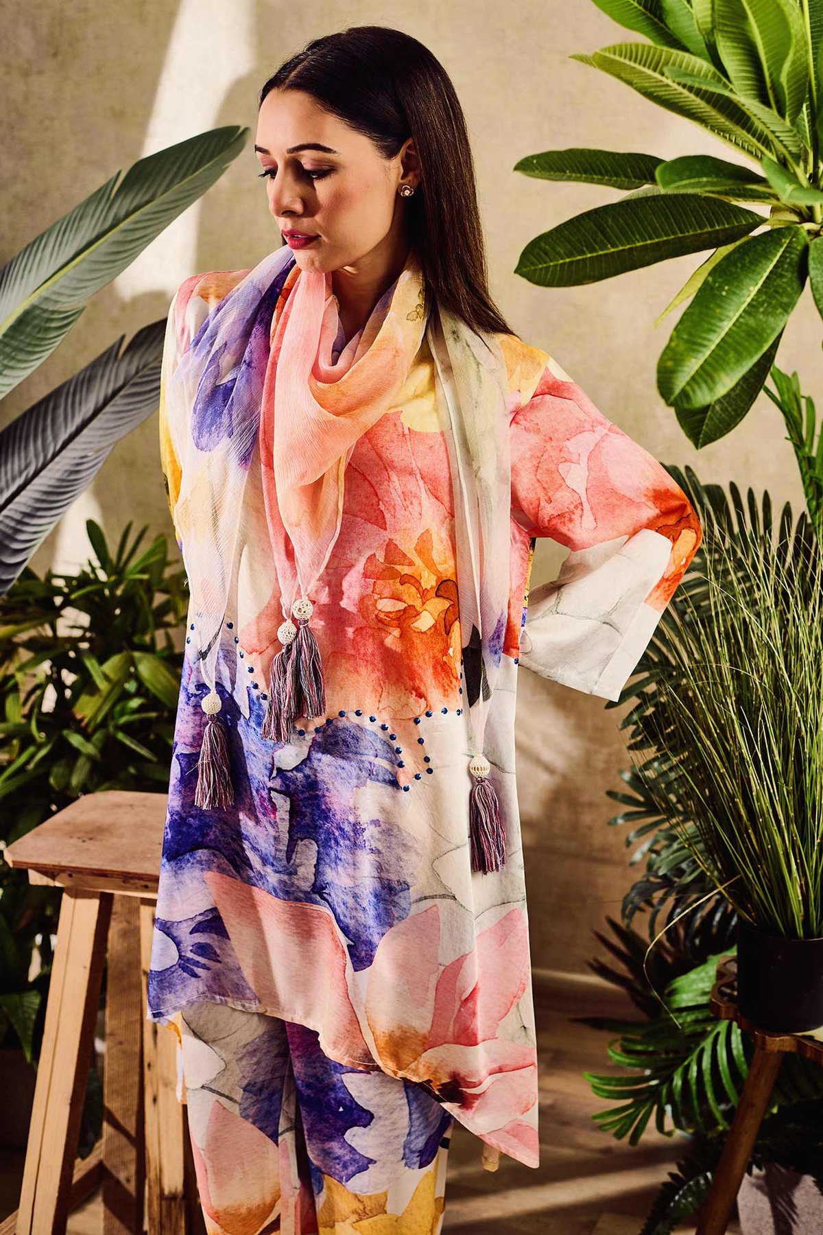 Cupro Satin Printed Watercolour Floral Asymmetric Tunic Pant Set