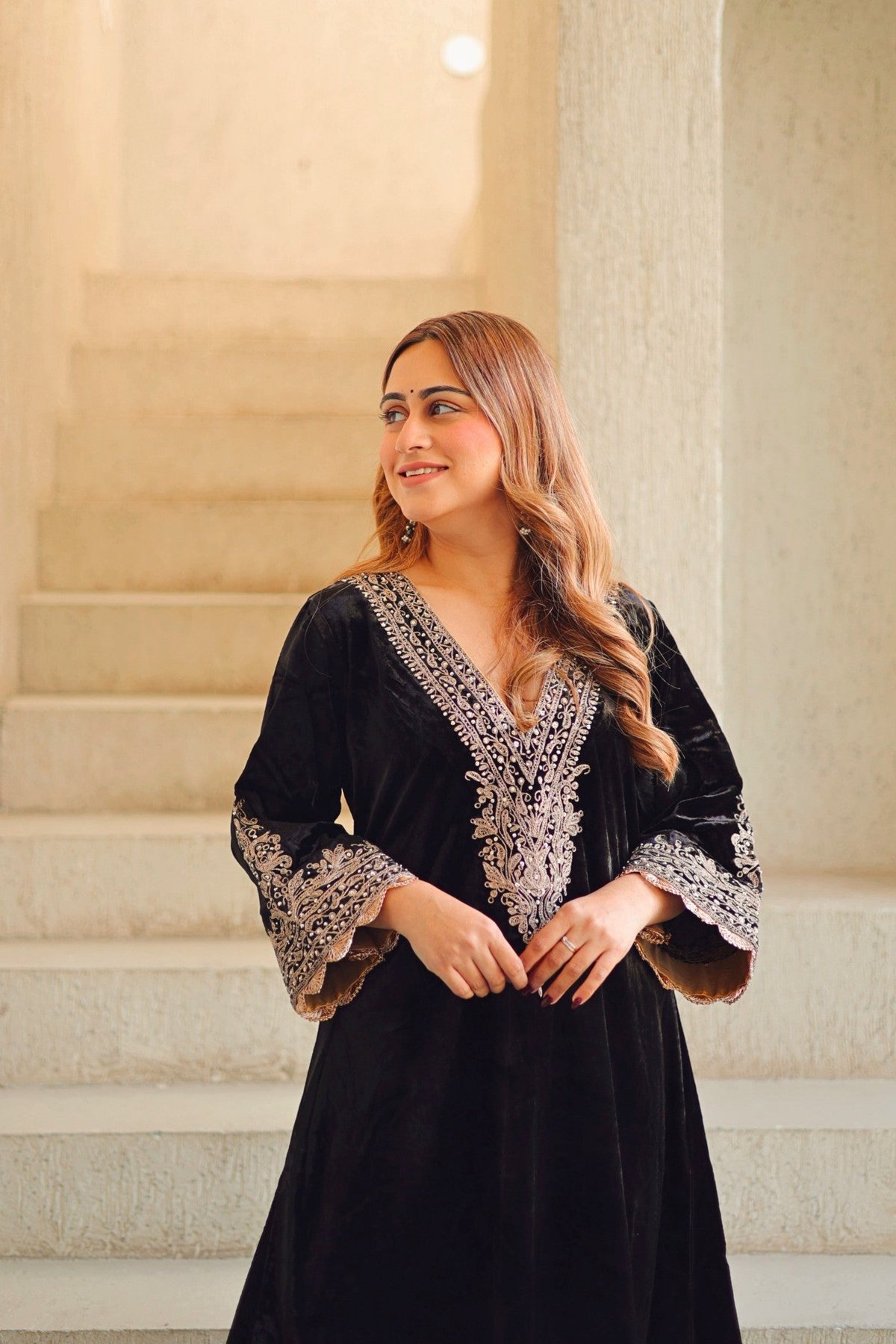 Black Silk Velvet A-Line Chauga Kurta Set with Salwar