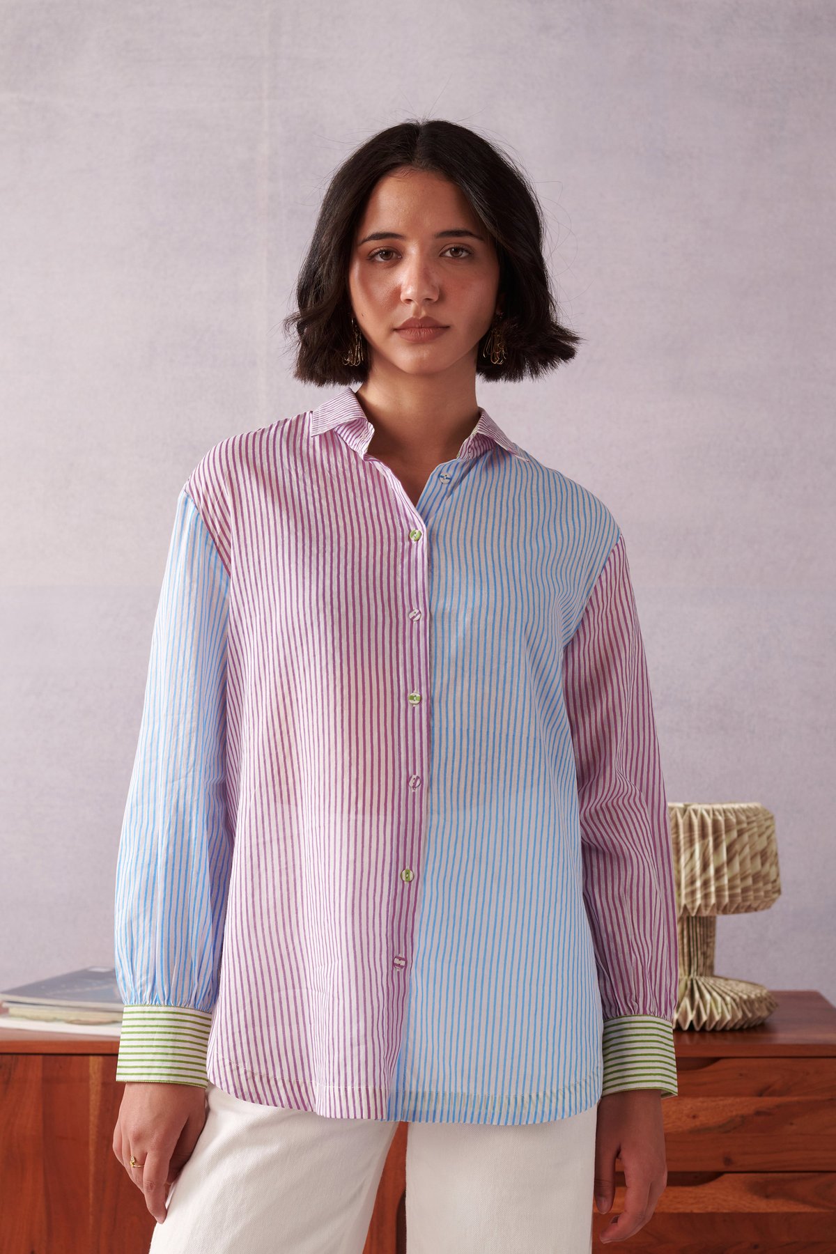 Blue/Pink Striped Panelled Cotton Shirt