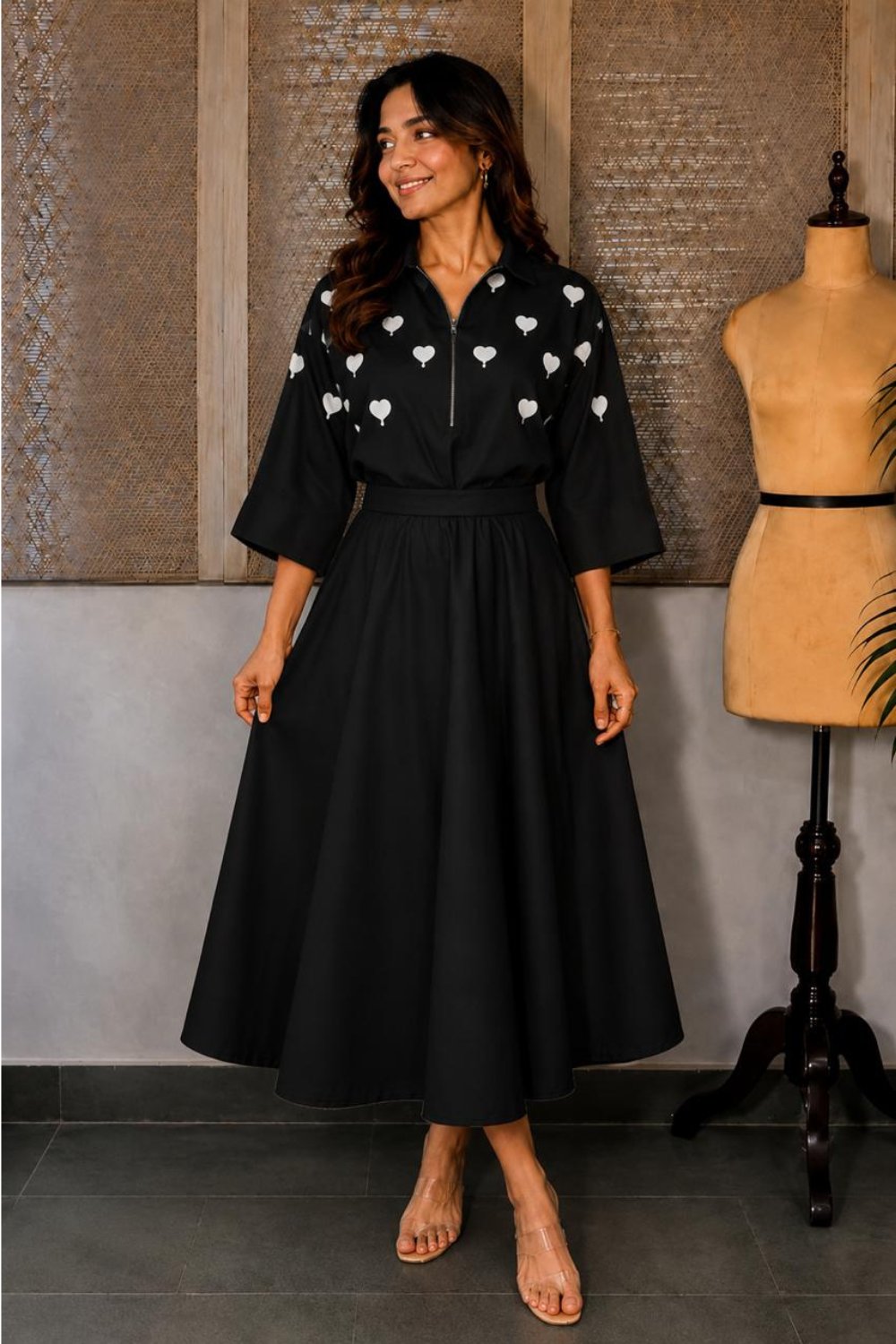 Black Heart Print Top and Midi Skirt Co-ord Set
