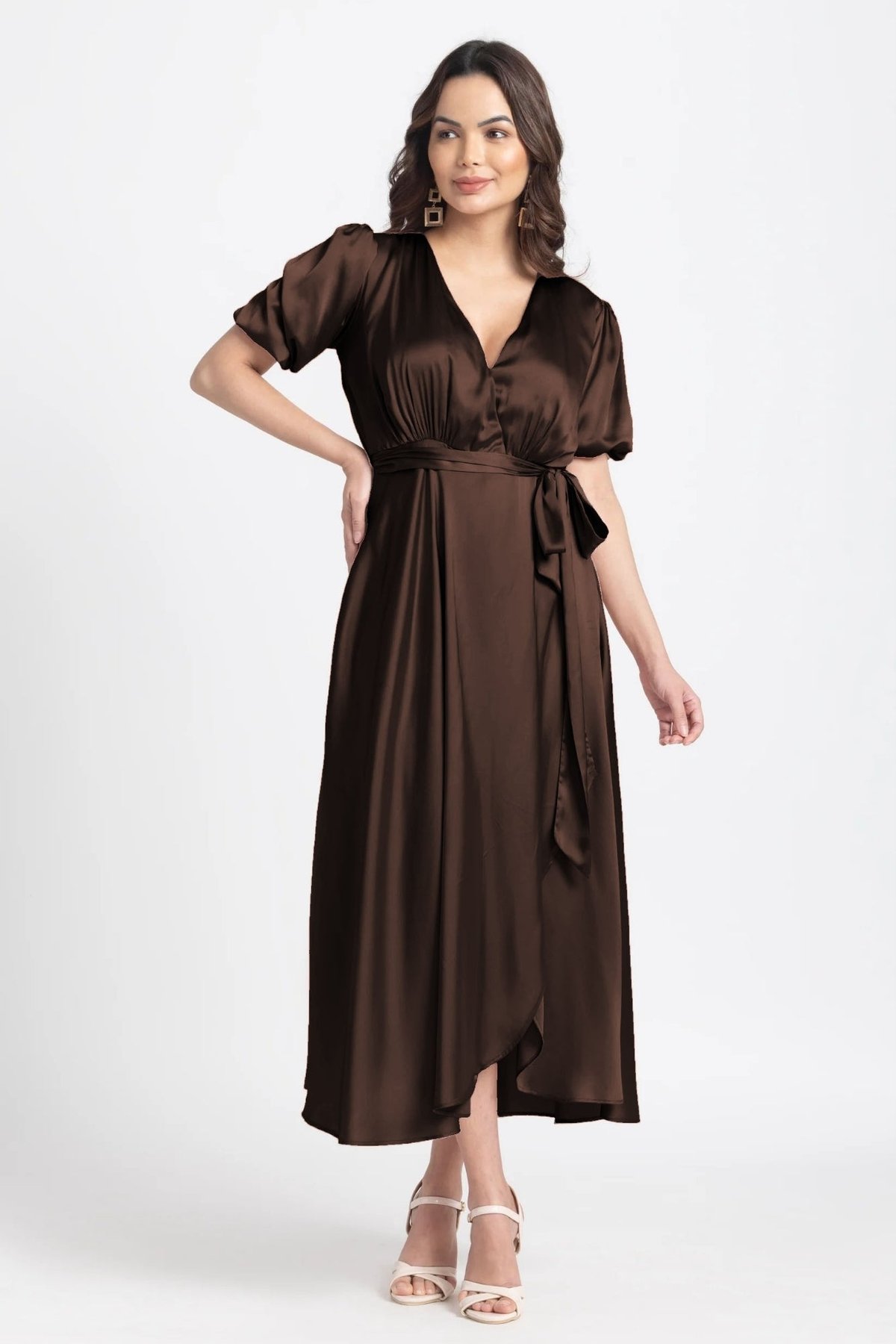Choco Lustre Surplice Midi Dress