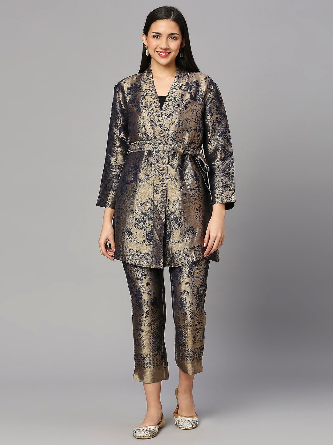 Navy/Gold Metallic Jacquard Cigarette Trousers