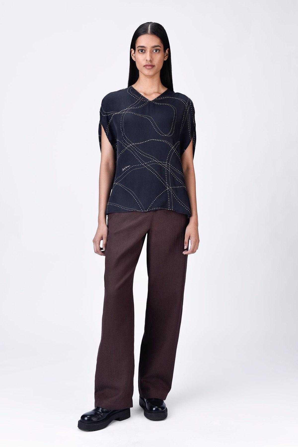 Black Viscose Satin Abstract Print V-Neck Top