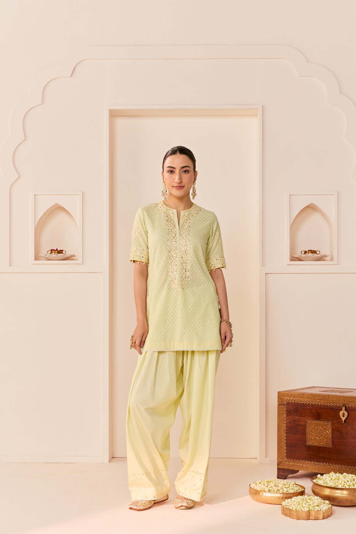 Green Chanderi Silk Straight Kurta Set with Embellished Placket