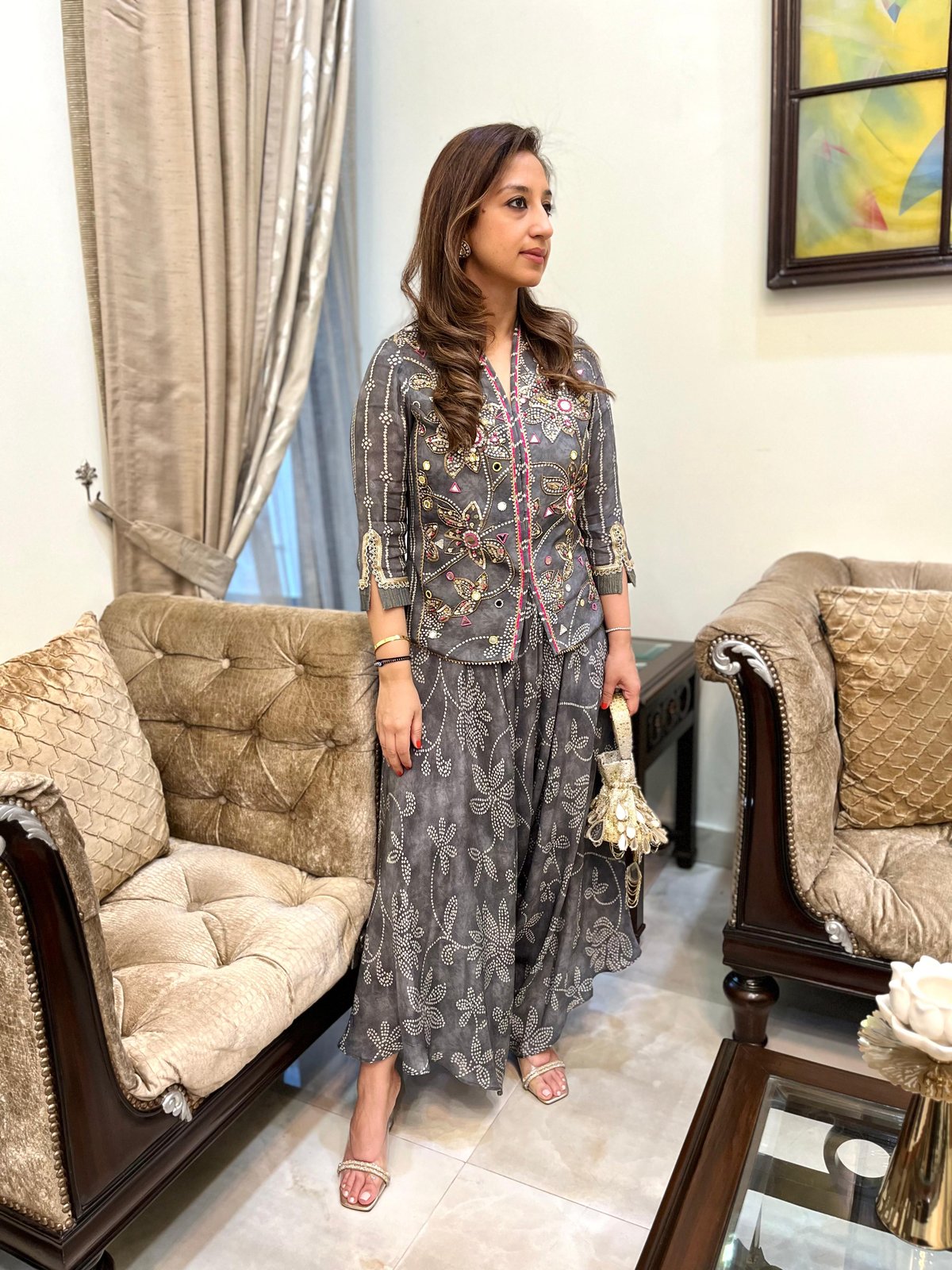 Grey Bandhani Embroidered Co-ord Set with Drape Pants