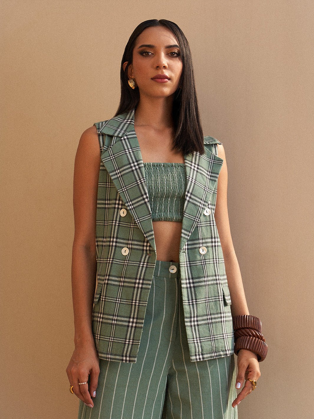Green Plaid 3-Piece Co-ord Set with Wide-Leg Pants