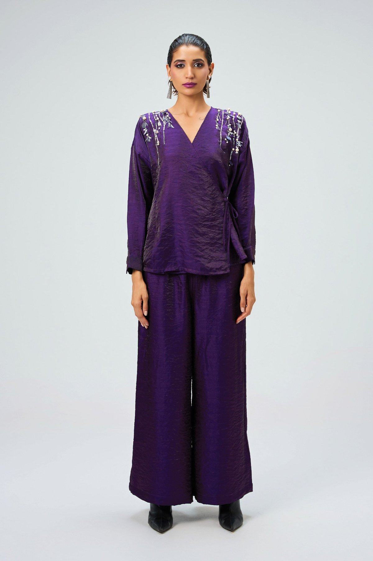 Violet Wrap Top and Wide-Leg Pants Co-ord Set