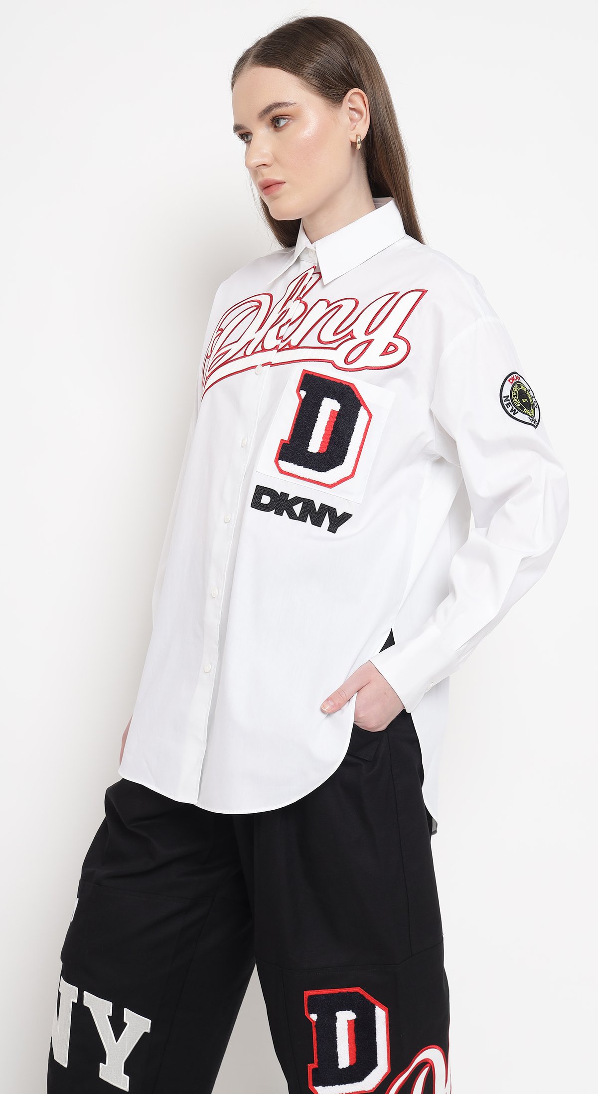 White Oversized Varsity Graphic Button-Up Shirt
