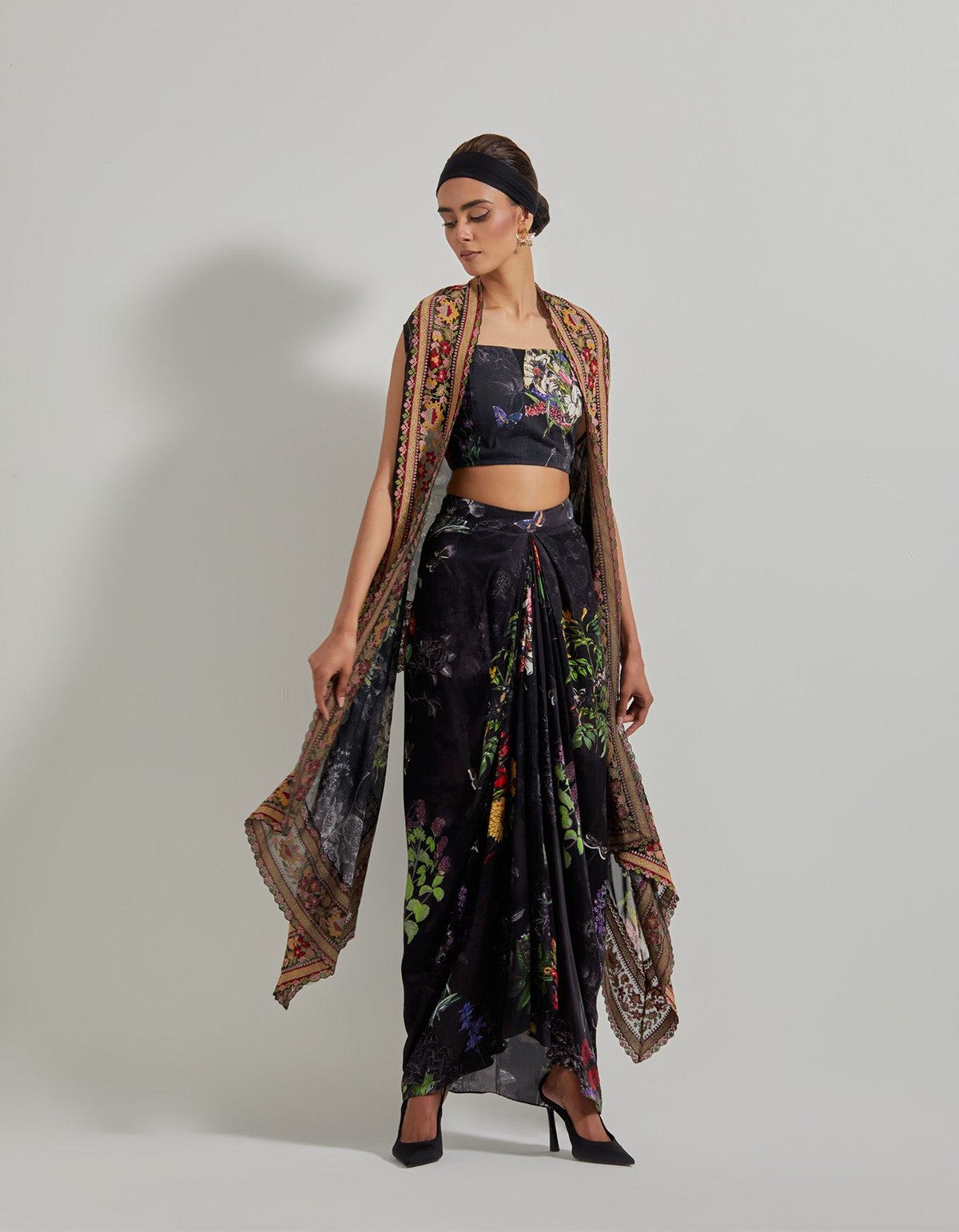 Black Botanical Bustier, Drape Skirt and Cape Co-ord Set
