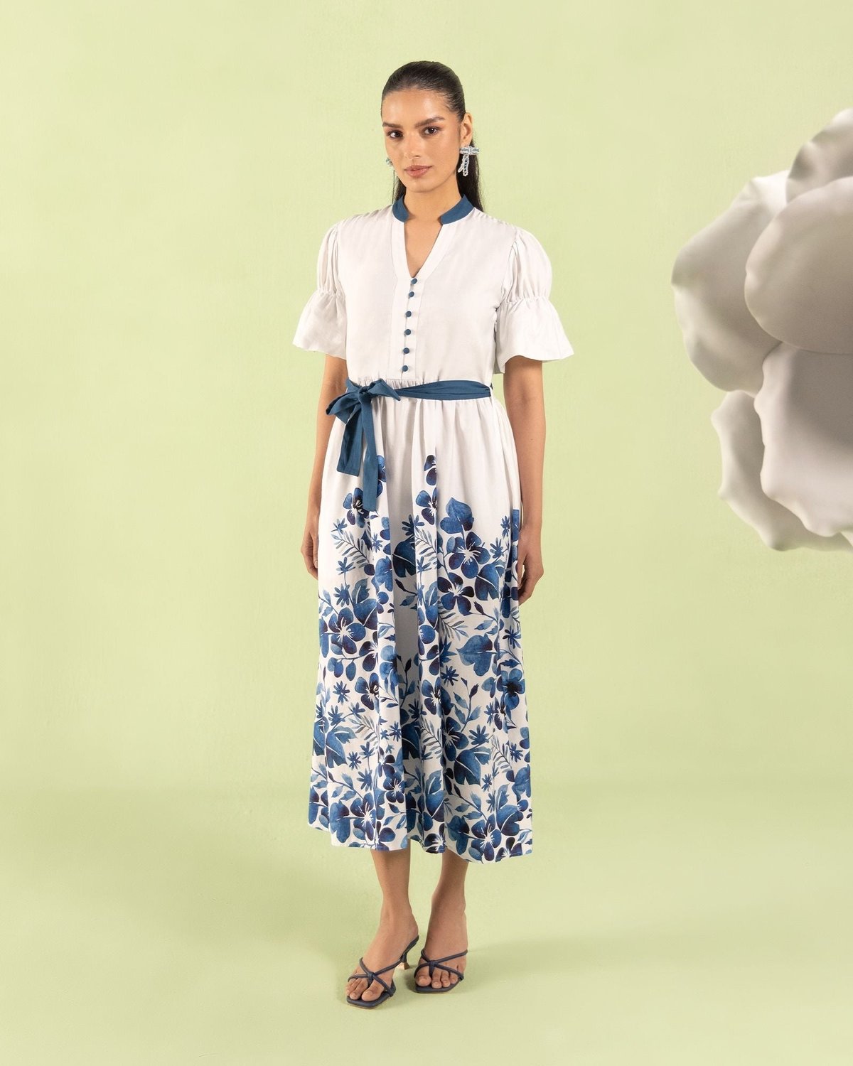Blue/White Floral Midi Shirt Dress with Tie Belt