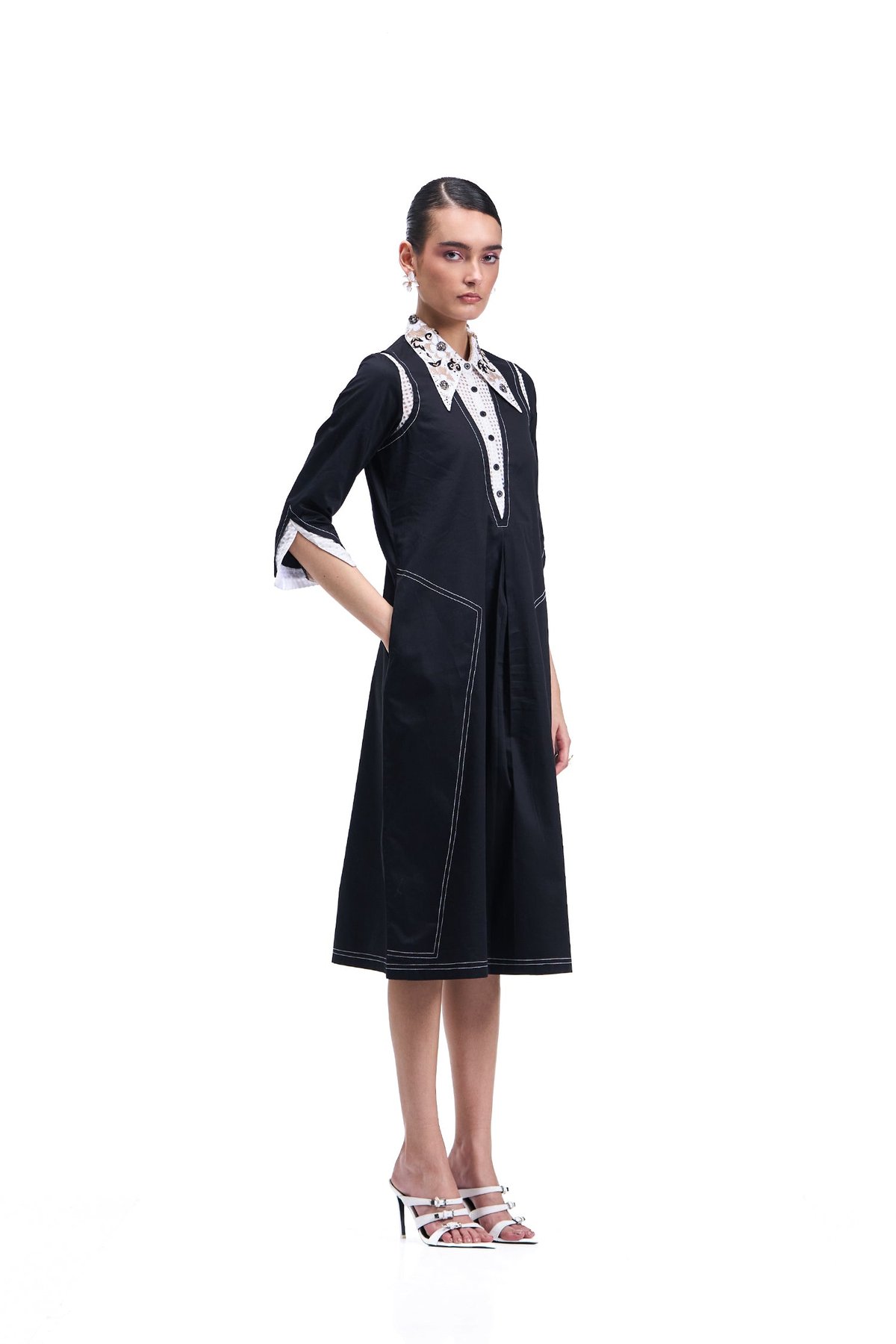 Black Cotton Collared Midi Dress with Embroidered Collar