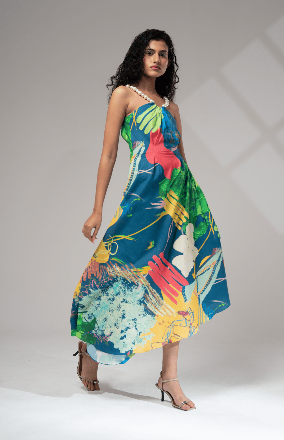Multicolour Abstract Print Asymmetrical Midi Dress