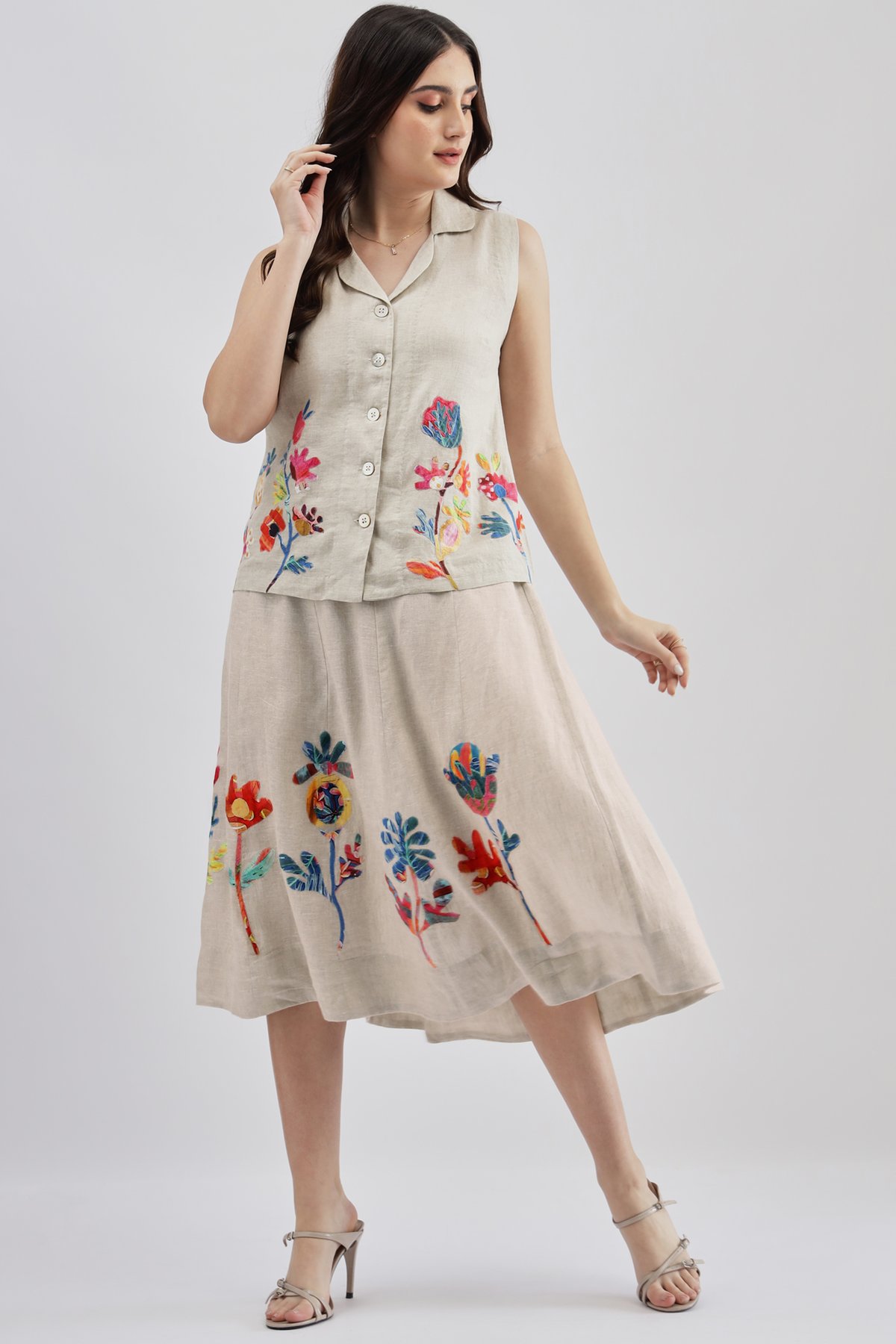 Beige Linen A-Line Midi Skirt with Floral Embroidery